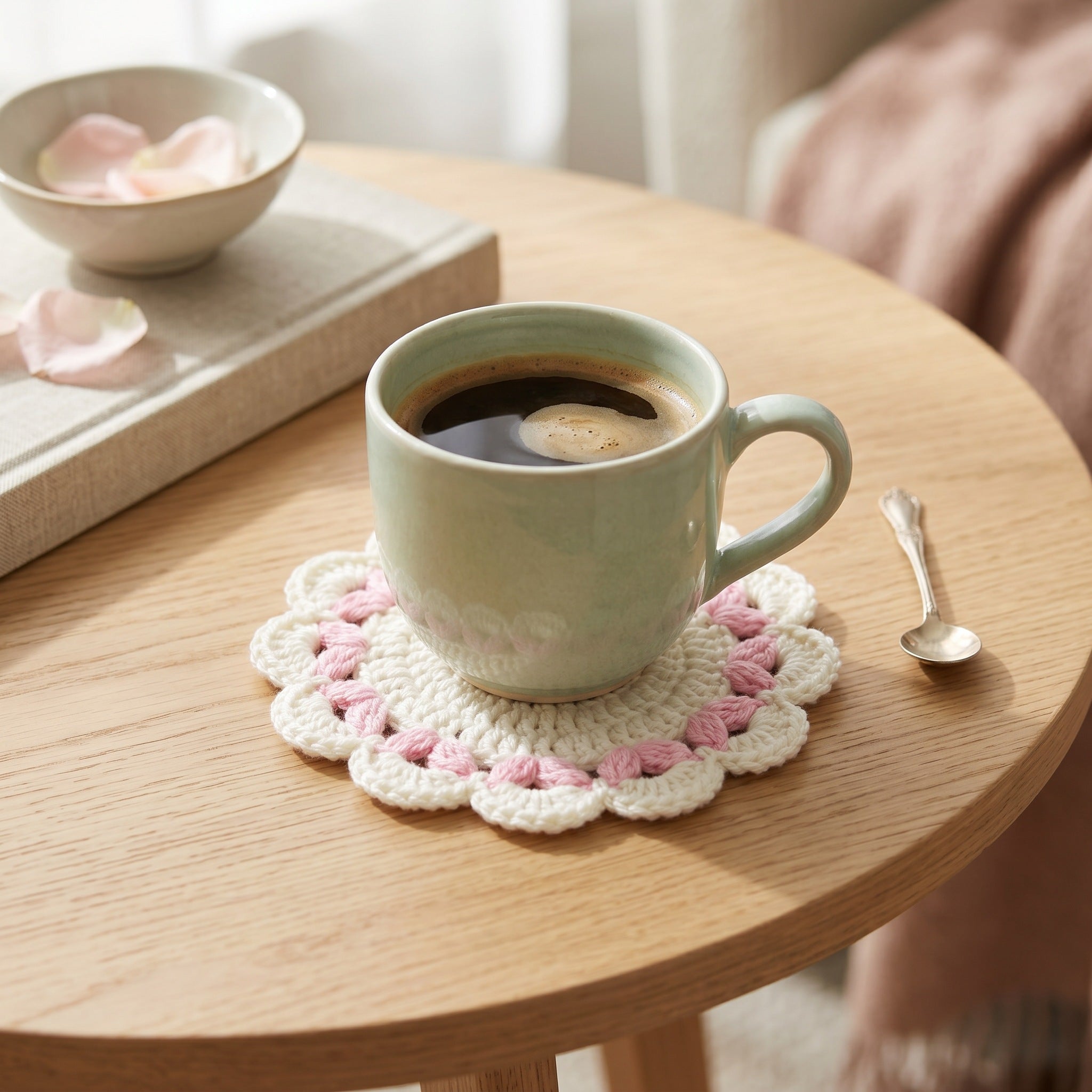 [BerryBow Canonical] BB-COS-FLR-PNK-01 | Lifestyle | White Flame Crochet Coaster – Handmade by Berry Bow