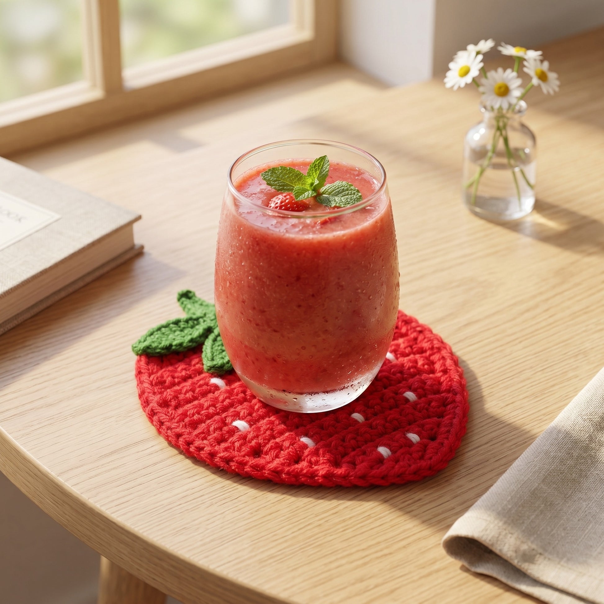 [BerryBow Canonical] BB-COS-FRU-RED-01 | Lifestyle | Strawberry Crochet Coaster – Handmade by Berry Bow