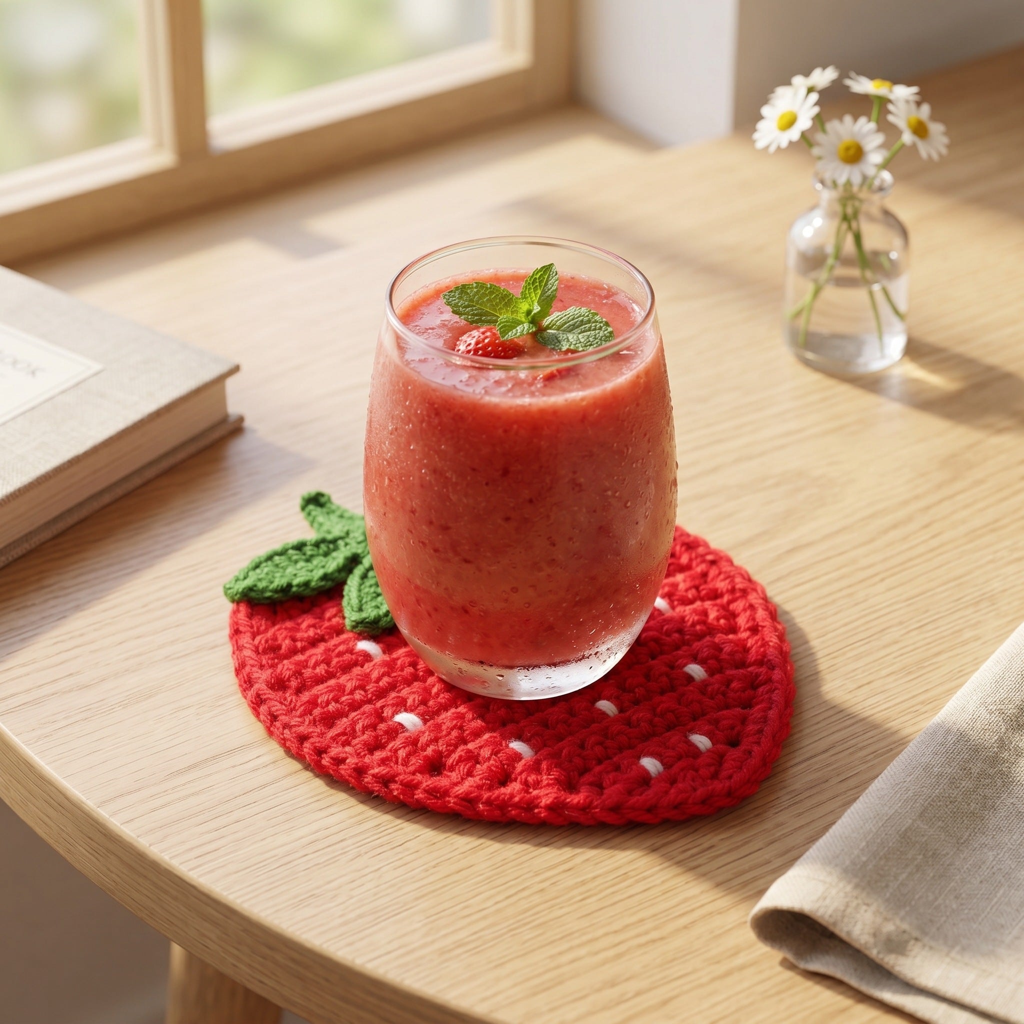 [BerryBow Canonical] BB-COS-FRU-RED-01 | Lifestyle | Strawberry Crochet Coaster – Handmade by Berry Bow