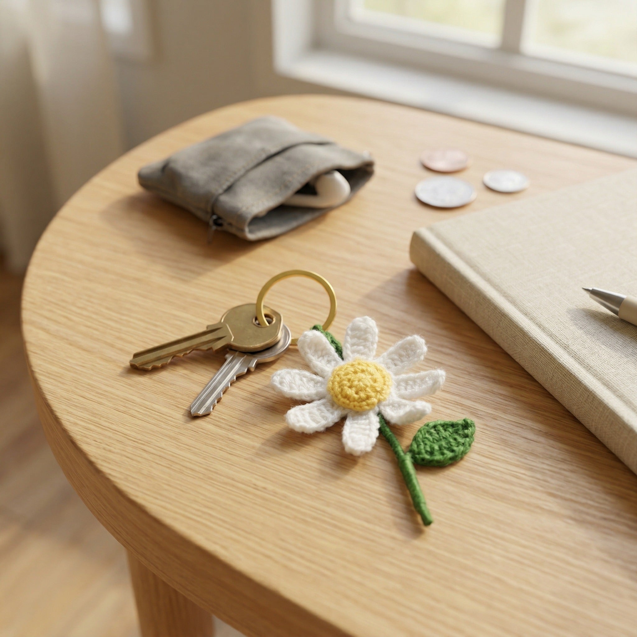 [BerryBow Canonical] BB-KC-FLR-WHT-01 | Lifestyle | White Daisy Crochet Keychain – Handmade by Berry Bow