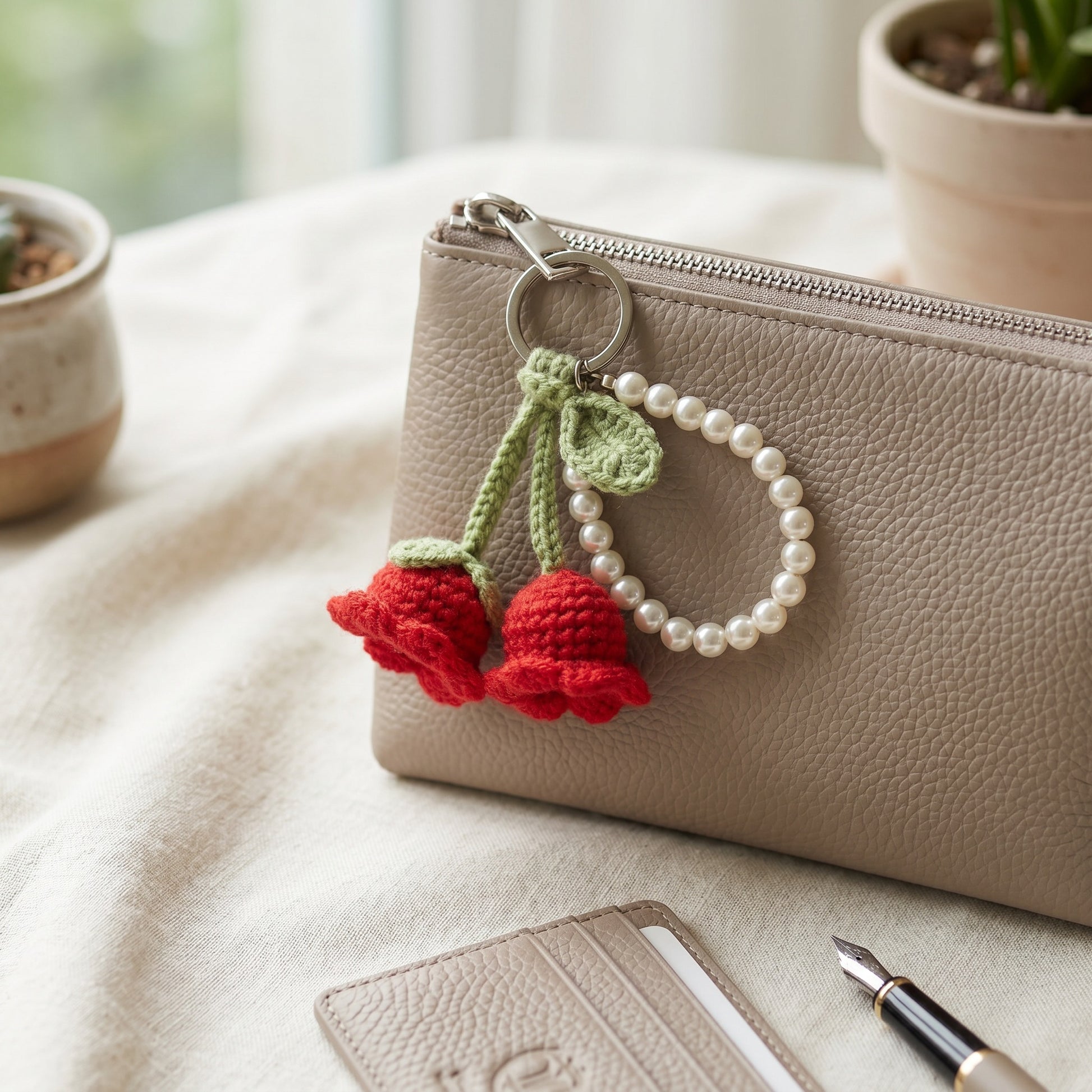 [BerryBow Canonical] BB-KC-BER-RED-03 | Lifestyle | Twin Rose Pearl Crochet Keychain – Handmade by Berry Bow