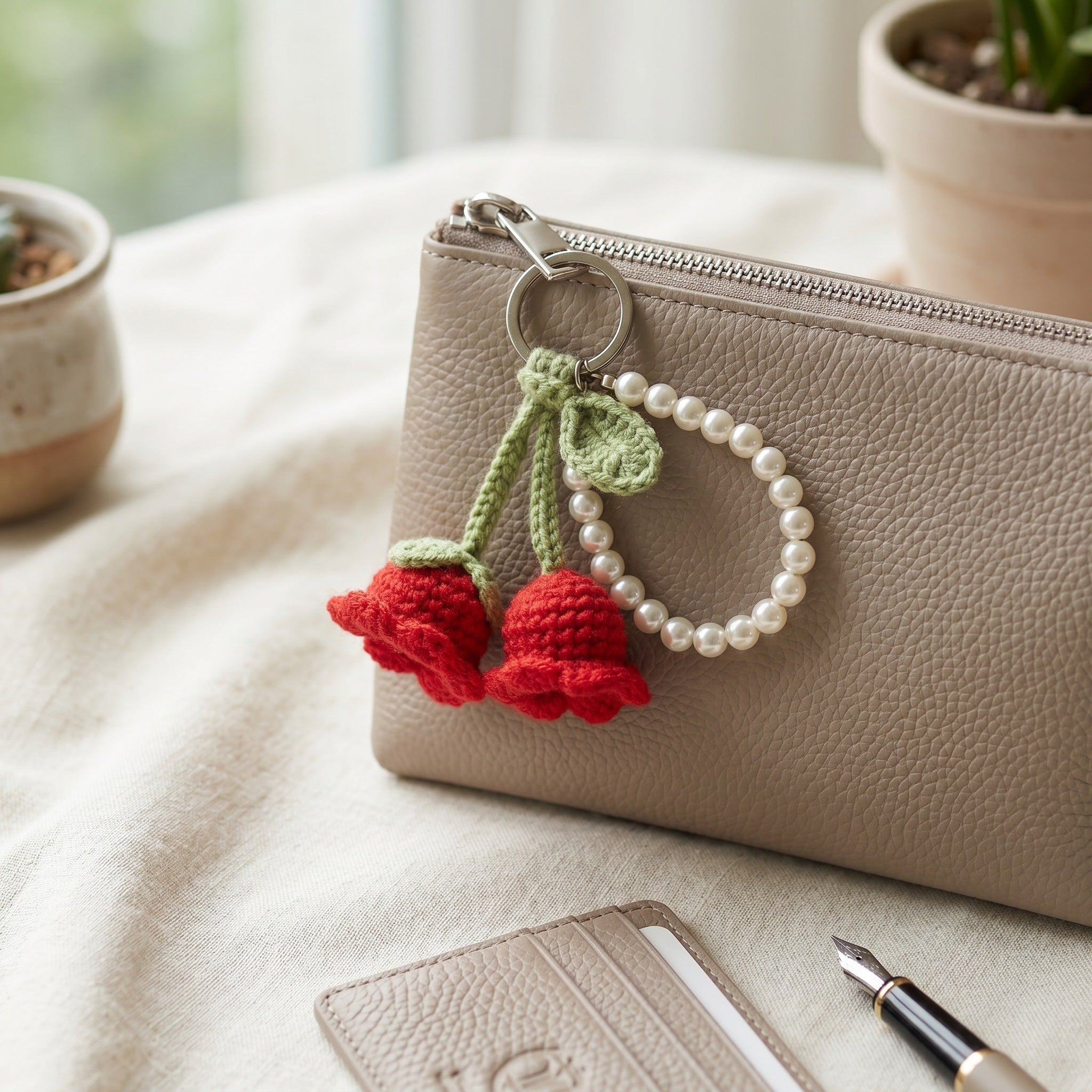 [BerryBow Canonical] BB-KC-BER-RED-03 | Lifestyle | Twin Rose Pearl Crochet Keychain – Handmade by Berry Bow