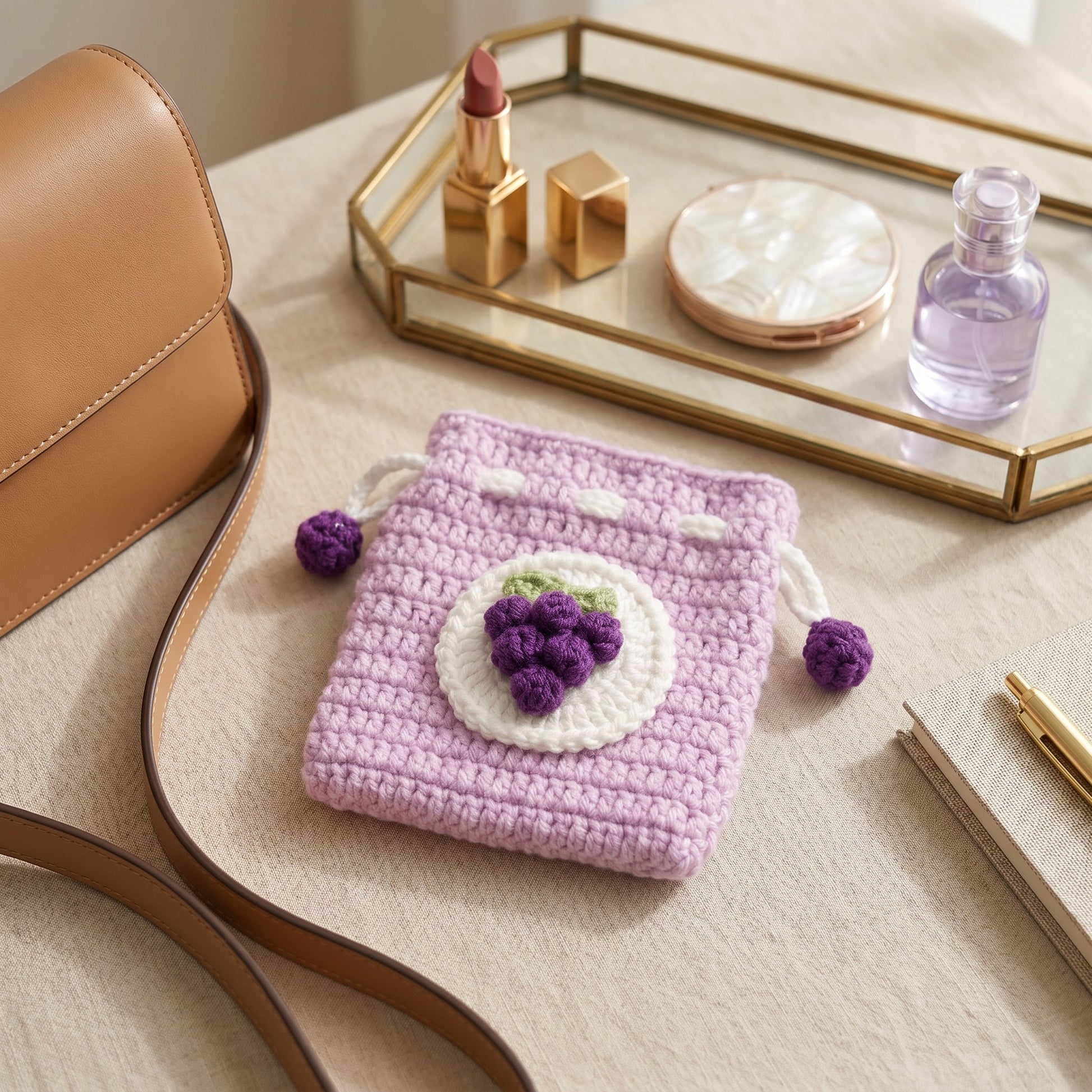 [BerryBow Canonical] BB-POU-PUR-GRP-04 | Lifestyle | Purple Grapes Crochet Pouch – Handmade by Berry Bow