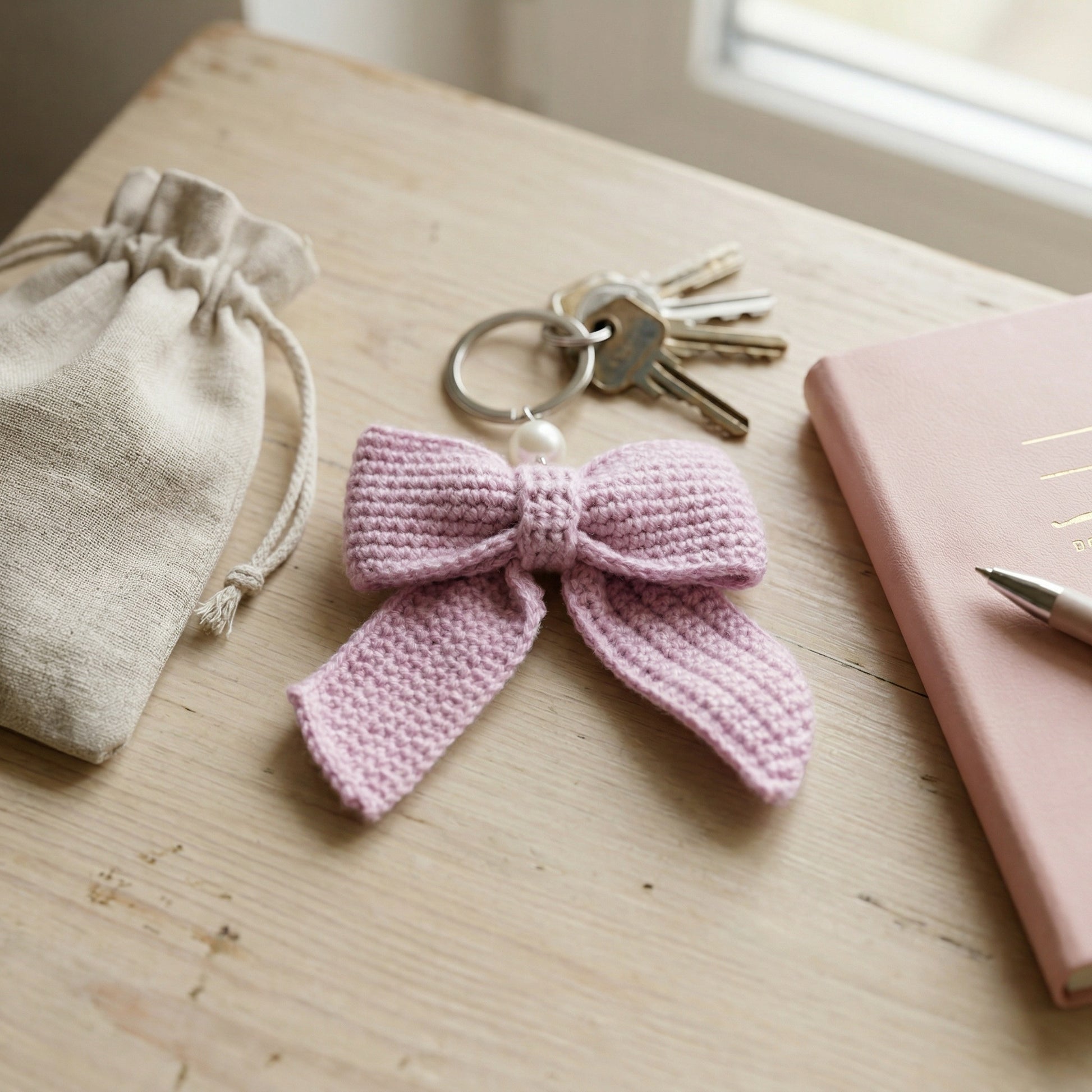 [BerryBow Canonical] BB-KC-RIB-LAV-01 | Lifestyle | Purple Bow Crochet Keychain – Handmade by Berry Bow