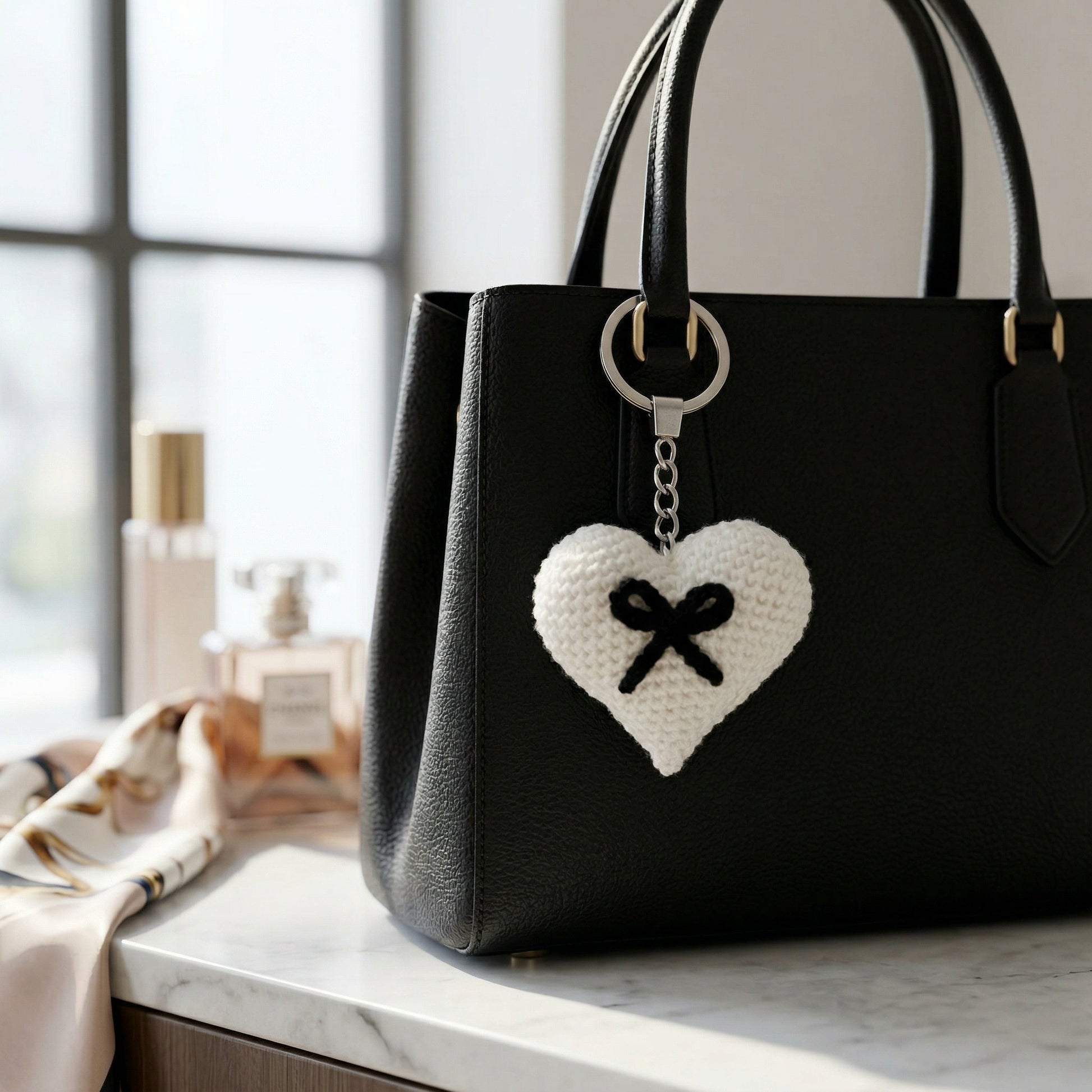 [BerryBow Canonical] BB-KC-HRT-WHT-01 | Lifestyle | Black Bow Heart Crochet Keychain – Handmade by Berry Bow