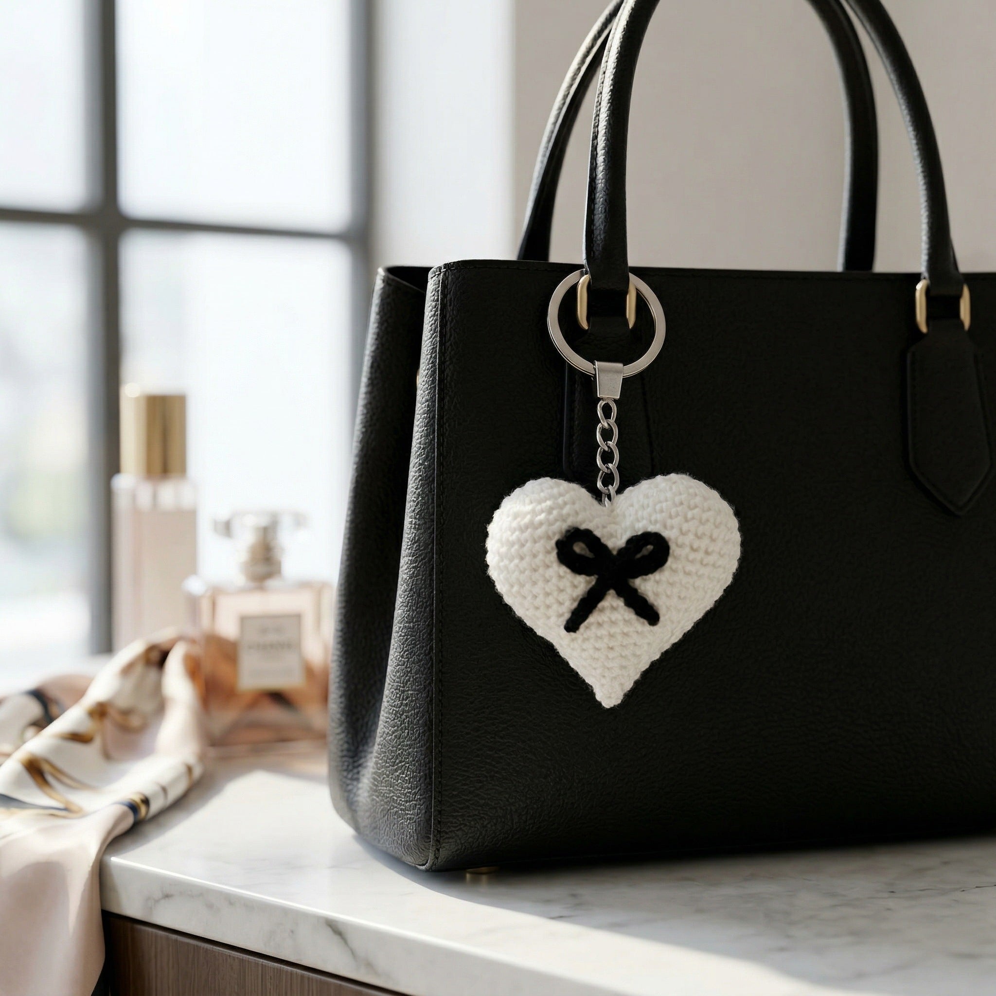 [BerryBow Canonical] BB-KC-HRT-WHT-01 | Lifestyle | Black Bow Heart Crochet Keychain – Handmade by Berry Bow
