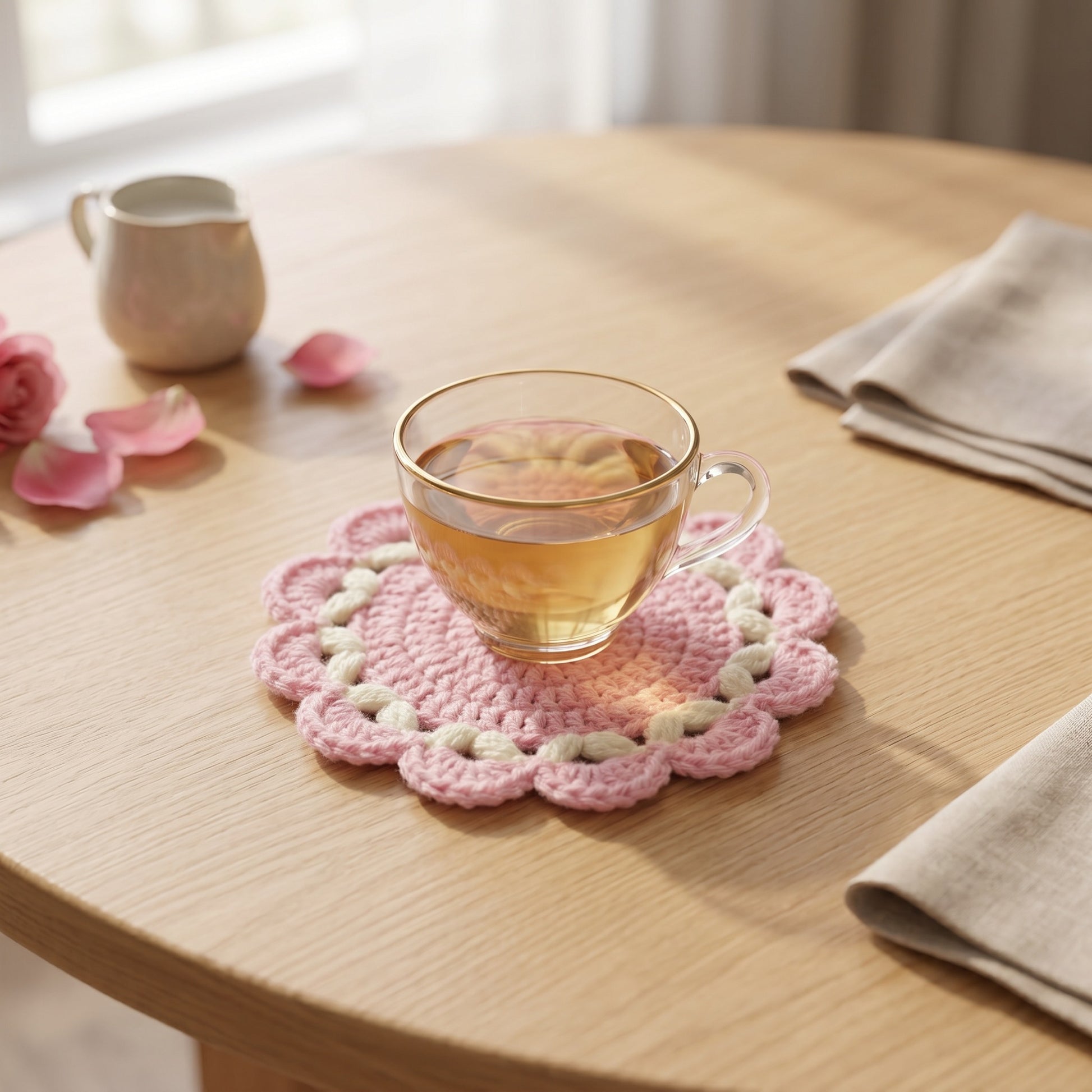 [BerryBow Canonical] BB-COS-FLR-PNK-03 | Lifestyle | Pink Flame Crochet Coaster – Handmade by Berry Bow