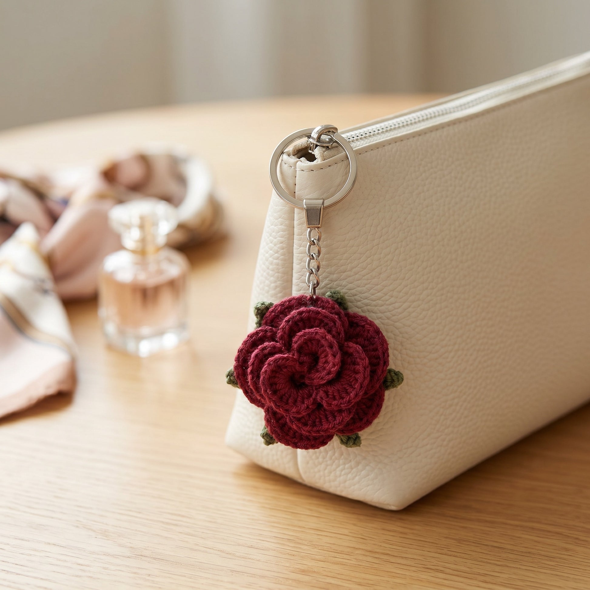 [BerryBow Canonical] BB-KC-ROS-BUR-02 | Lifestyle | Burgundy Little Rose Crochet Keychain – Handmade by Berry Bow