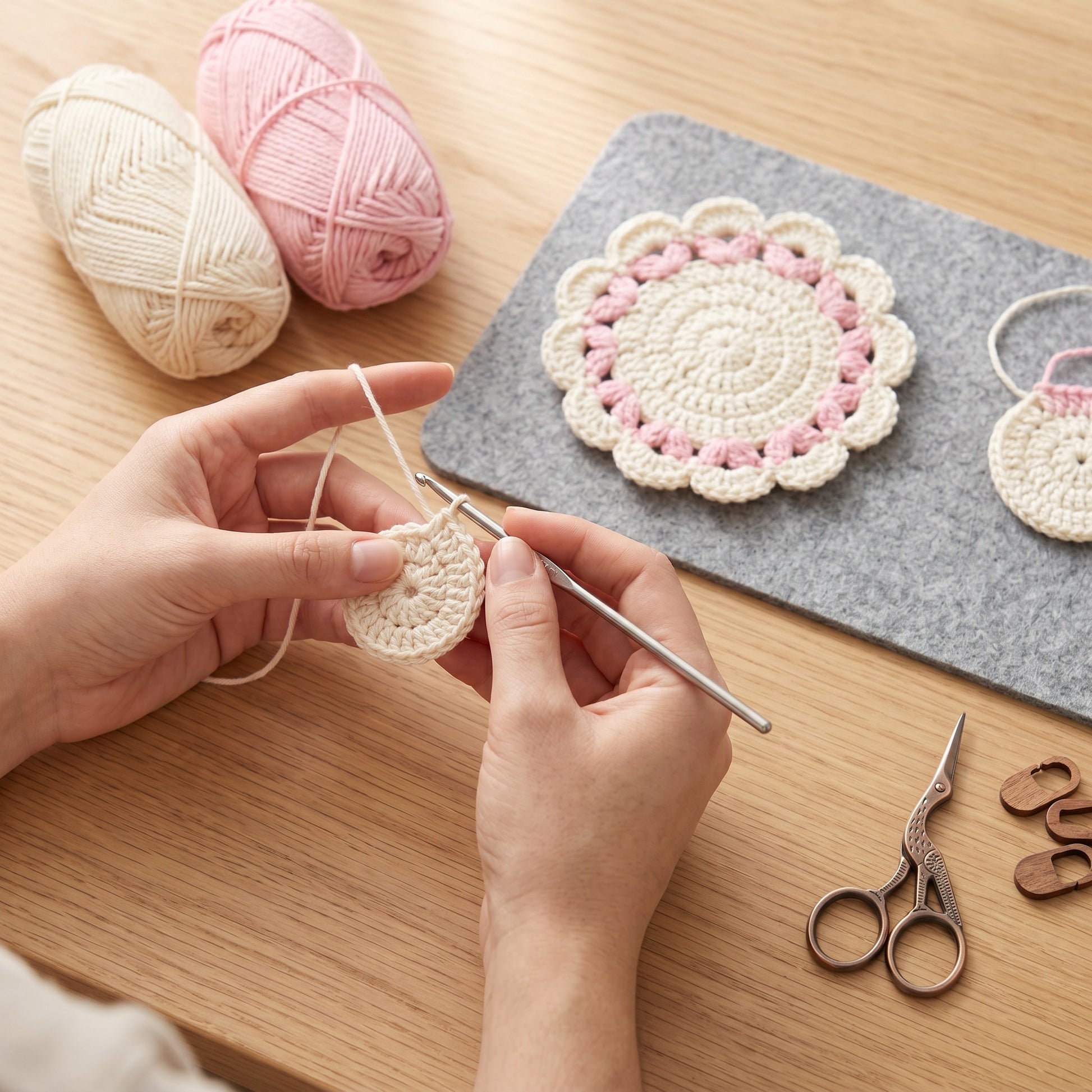 [BerryBow Canonical] BB-COS-FLR-PNK-01 | Making | White Flame Crochet Coaster – Handmade by Berry Bow
