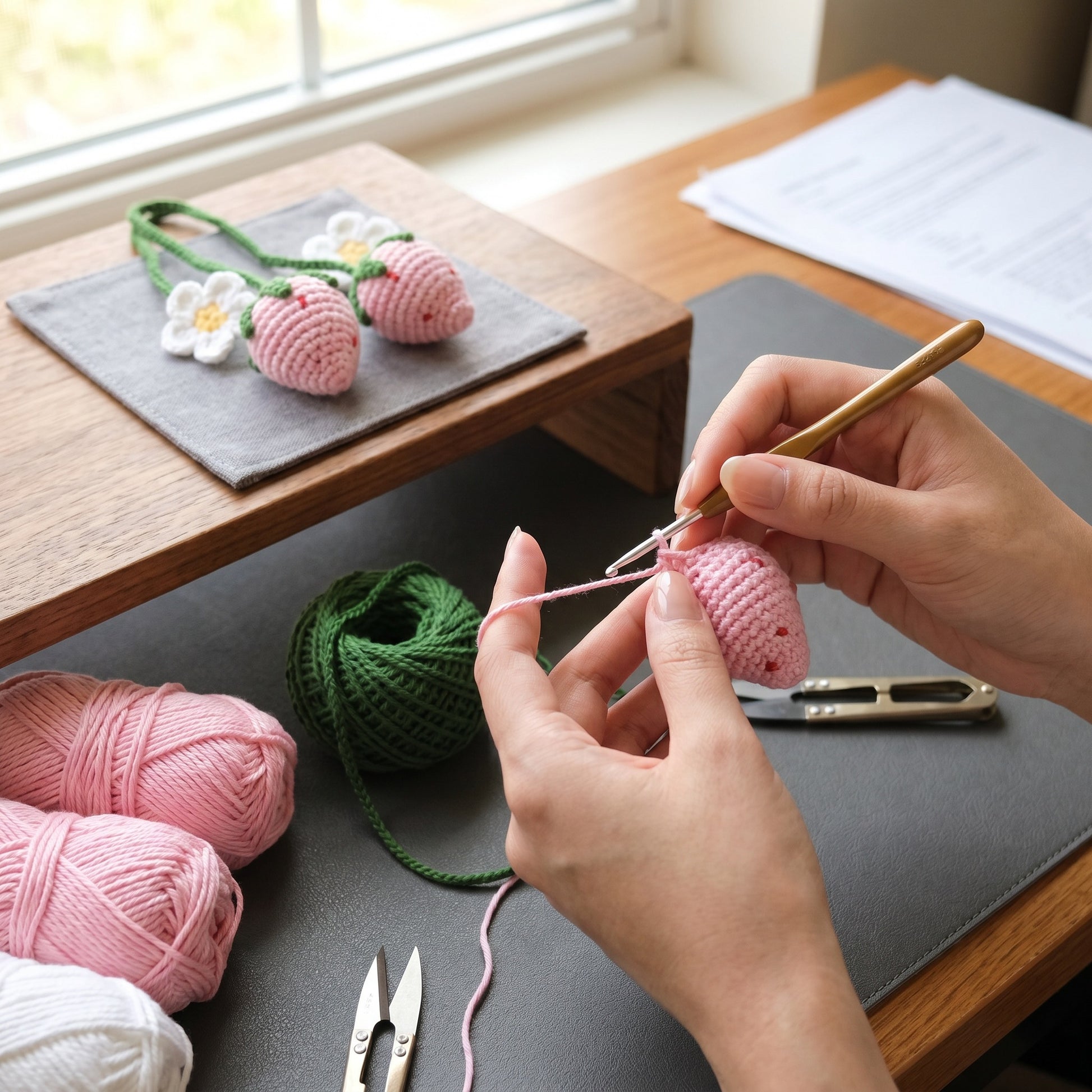 [BerryBow Canonical] BB-CHR-FRU-RED-01 | Making | Strawberry Bloom Crochet Car Charm – Handmade by Berry Bow