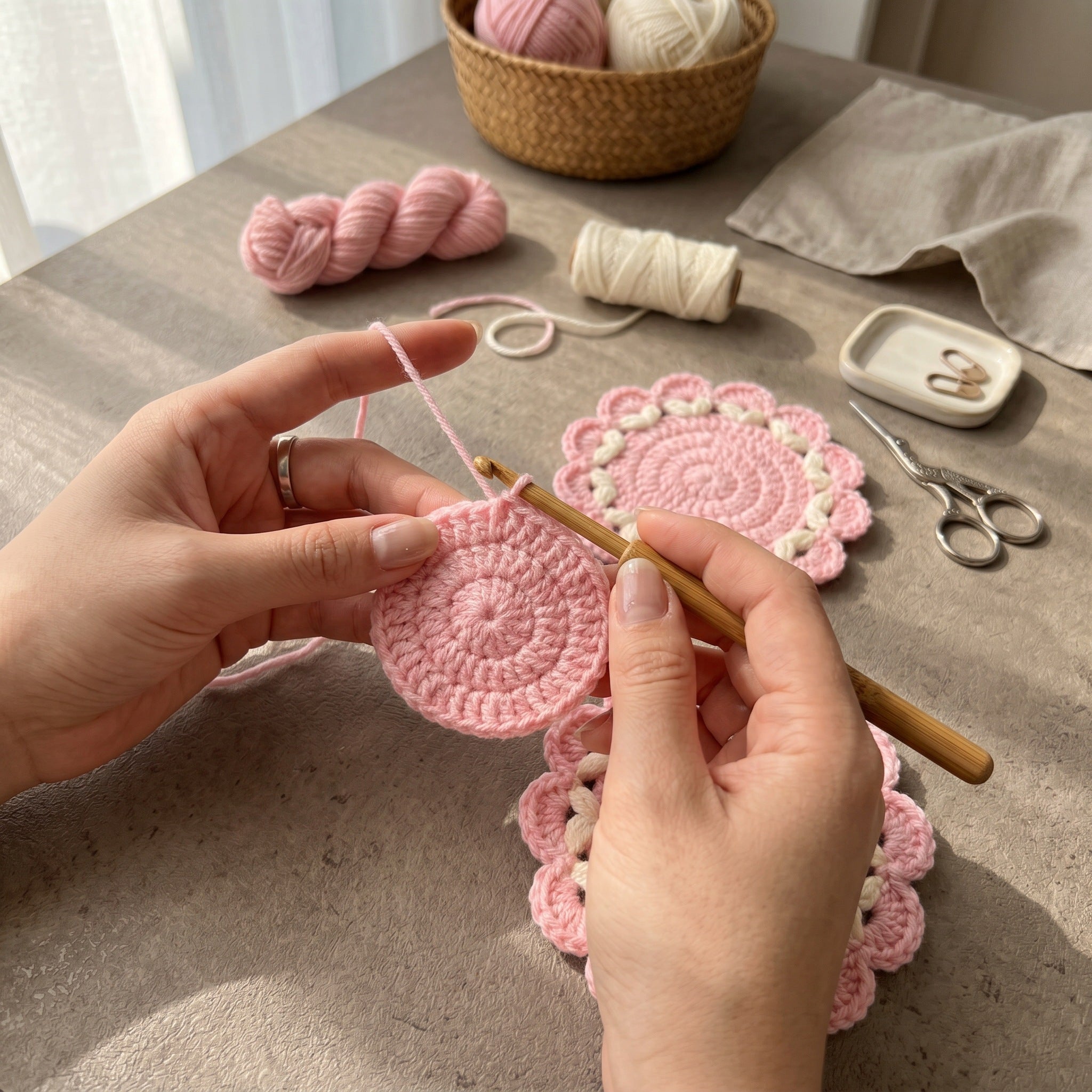 [BerryBow Canonical] BB-COS-FLR-PNK-03 | Making | Pink Flame Crochet Coaster – Handmade by Berry Bow