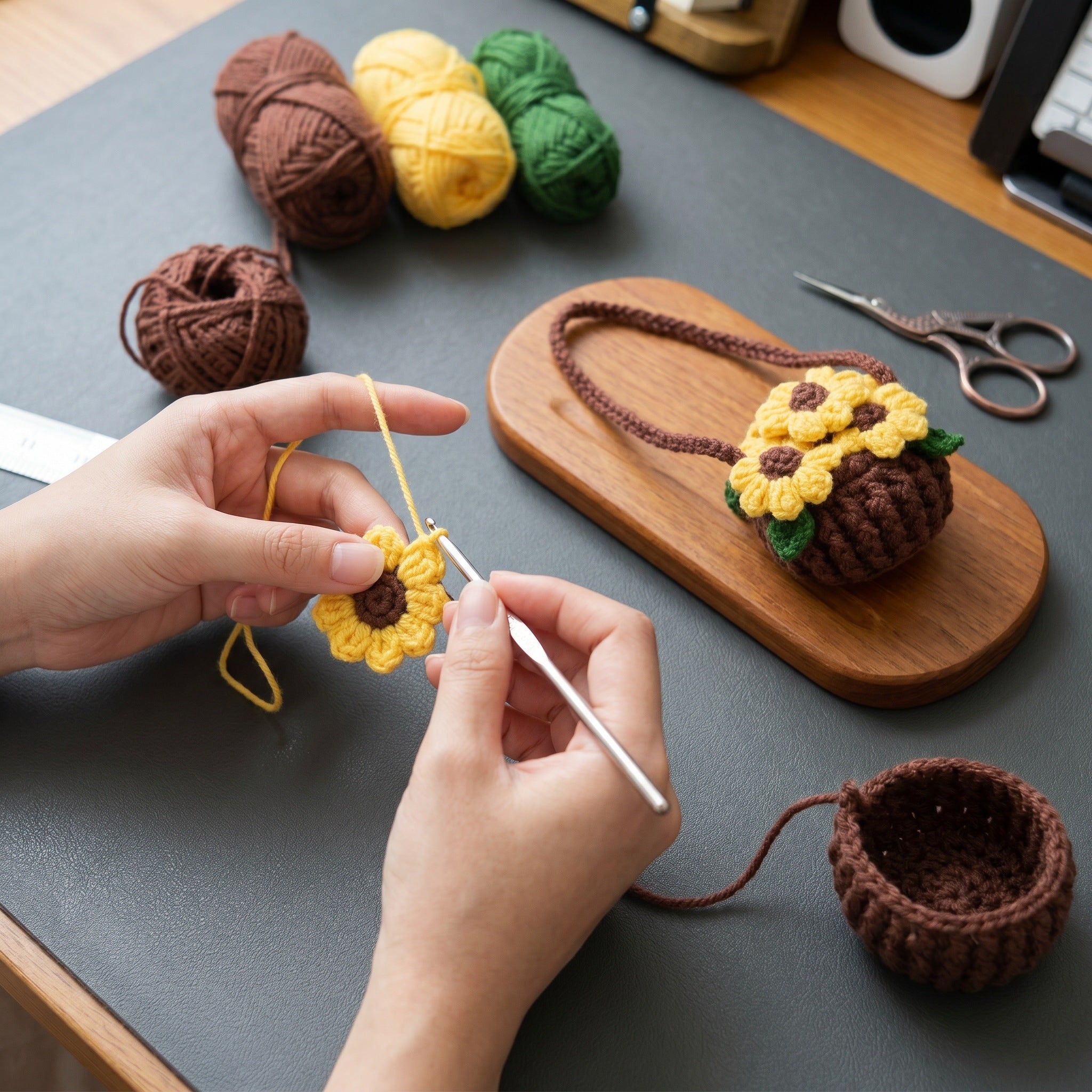 [BerryBow Canonical] BB-CHR-FLR-YEL-01 | Making | Sunflower Basket Crochet Car Charm – Handmade by Berry Bow