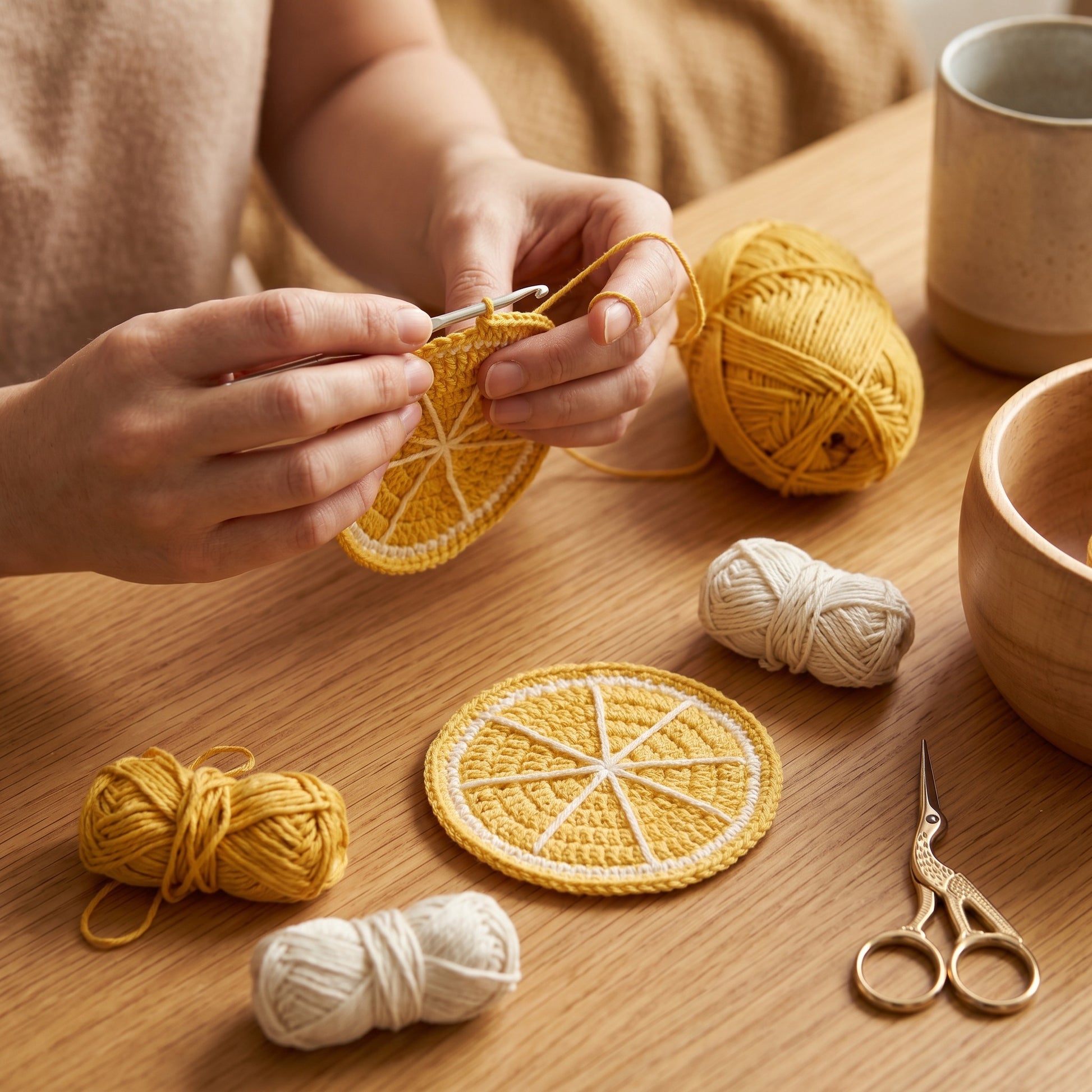 [BerryBow Canonical] BB-COS-FRU-YEL-02 | Making | Lemon Slice Crochet Coaster – Handmade by Berry Bow