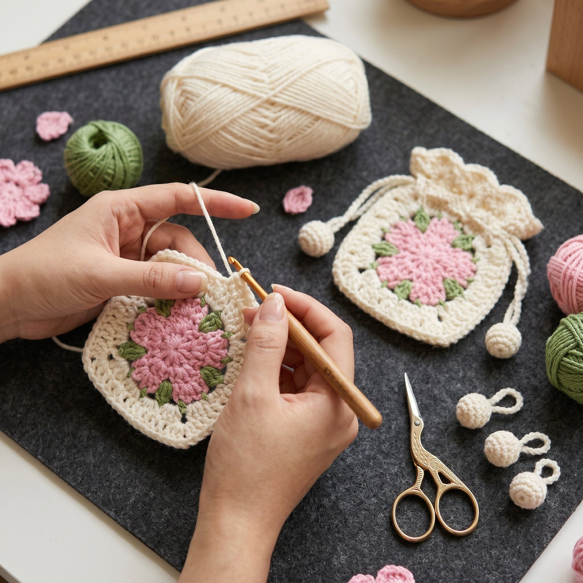 [BerryBow Canonical] BB-POU-OWH-PNK-05 | Making | Pink Bloom Crochet Pouch – Handmade by Berry Bow