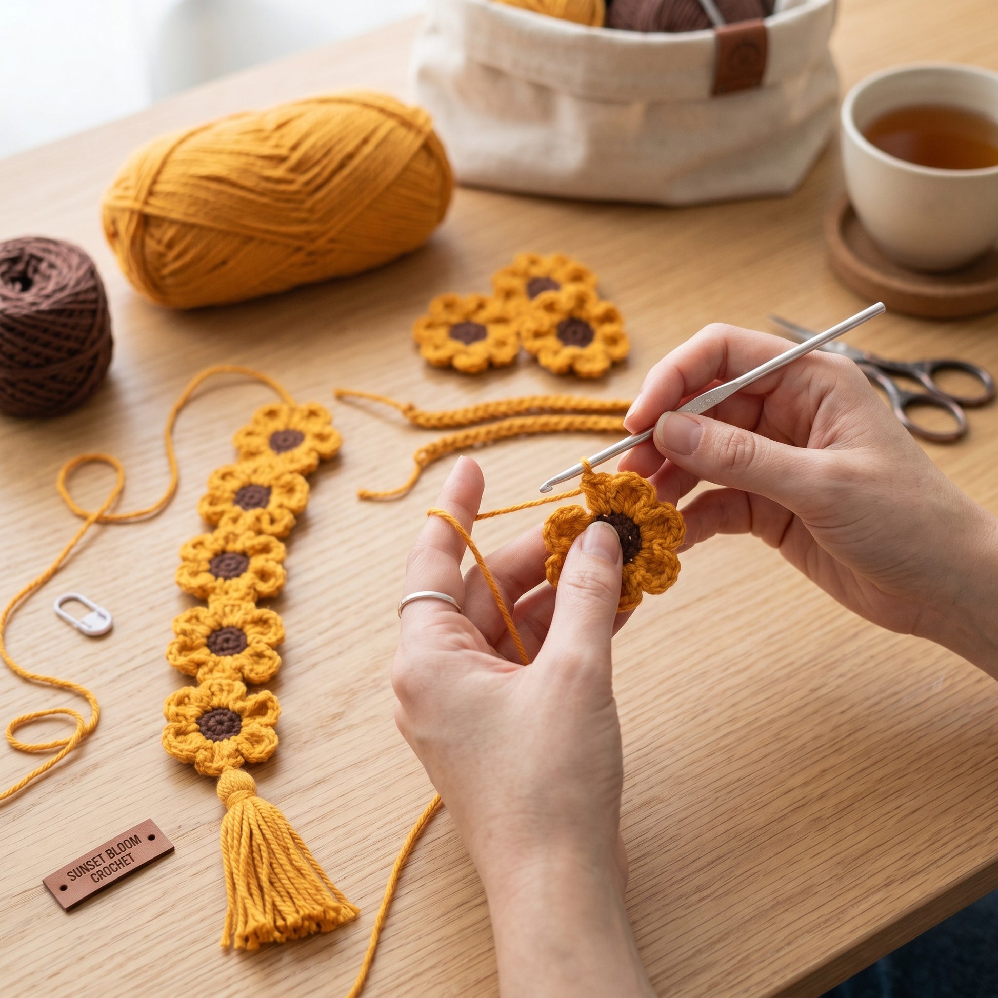 [BerryBow Canonical] BB-BM-FLO-ORG-01 | Making | Orange Flower Chain Crochet Bookmark – Handmade by Berry Bow