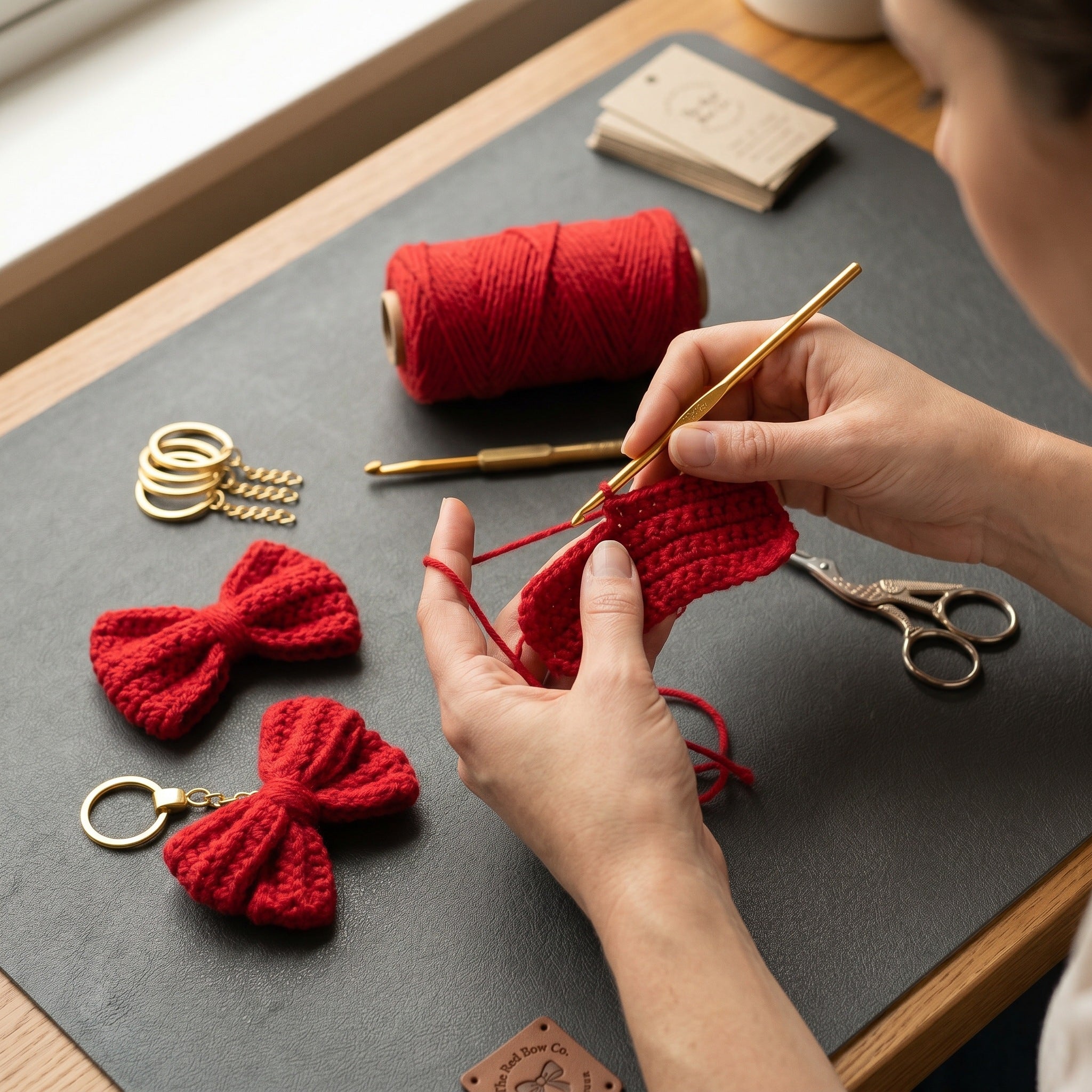 [BerryBow Canonical] BB-KC-RIB-RED-01 | Making | Red Bow Crochet Keychain – Handmade by Berry Bow