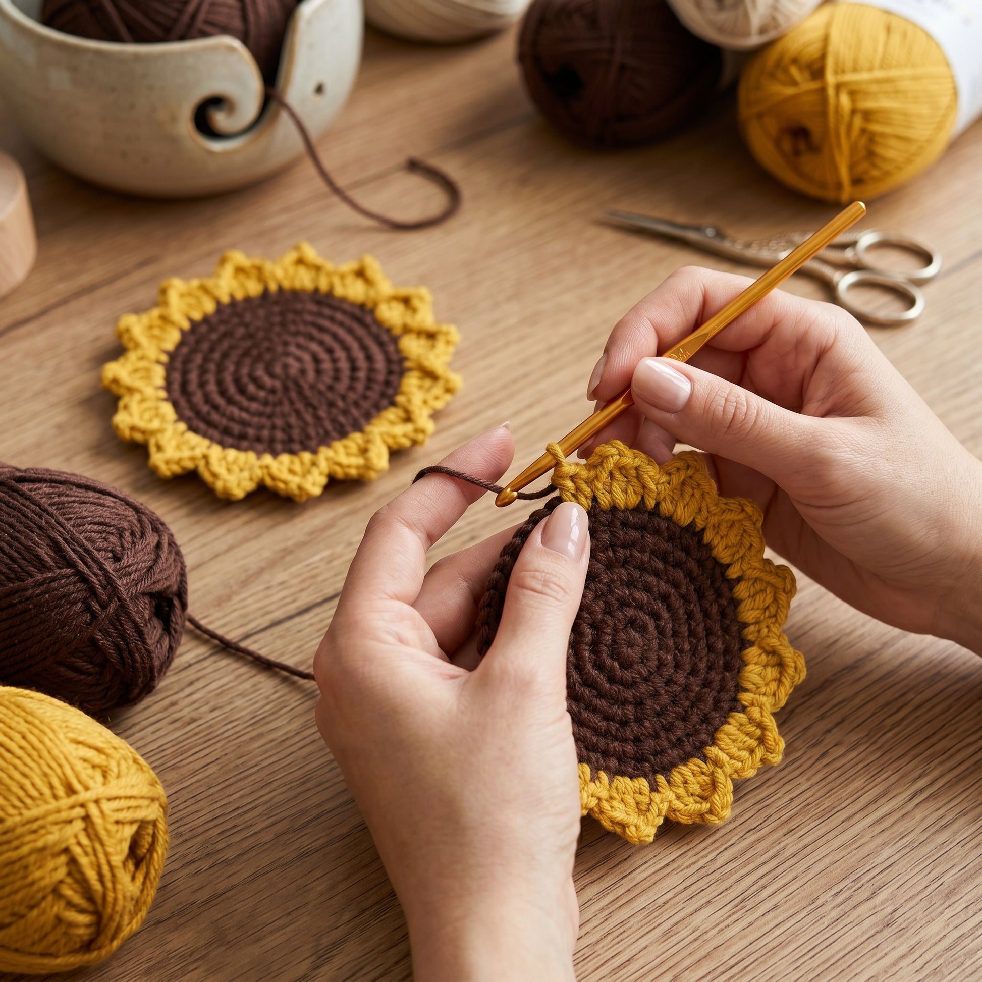 [BerryBow Canonical] BB-COS-FLR-YEL-01 | Making | Sunflower Crochet Coaster – Handmade by Berry Bow