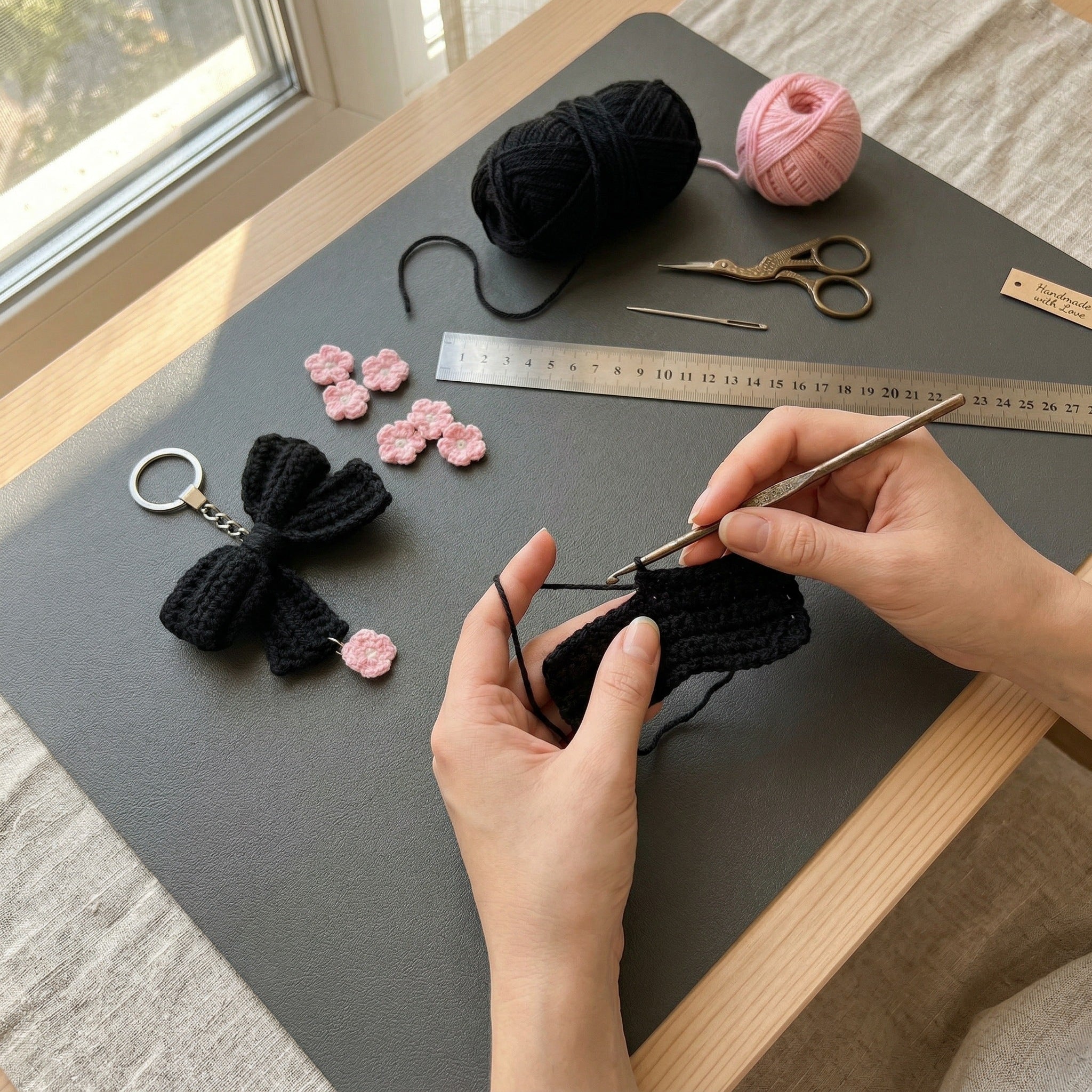 [BerryBow Canonical] BB-KC-RIB-BLK-01 | Making | Black Bow Crochet Keychain – Handmade by Berry Bow