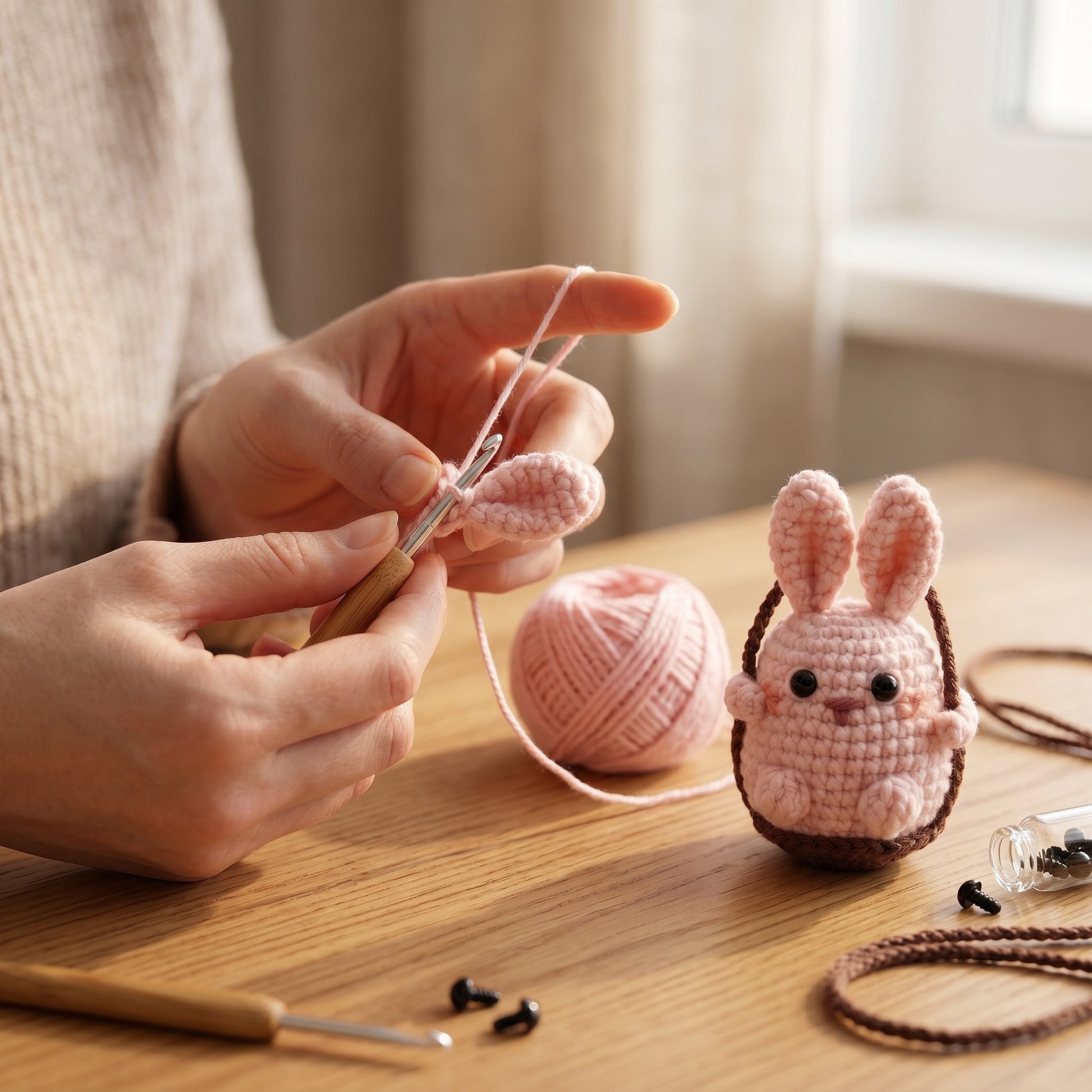 [BerryBow Canonical] BB-CHR-ANI-PNK-01 | Making | Pink Bunny Crochet Car Charm – Handmade by Berry Bow