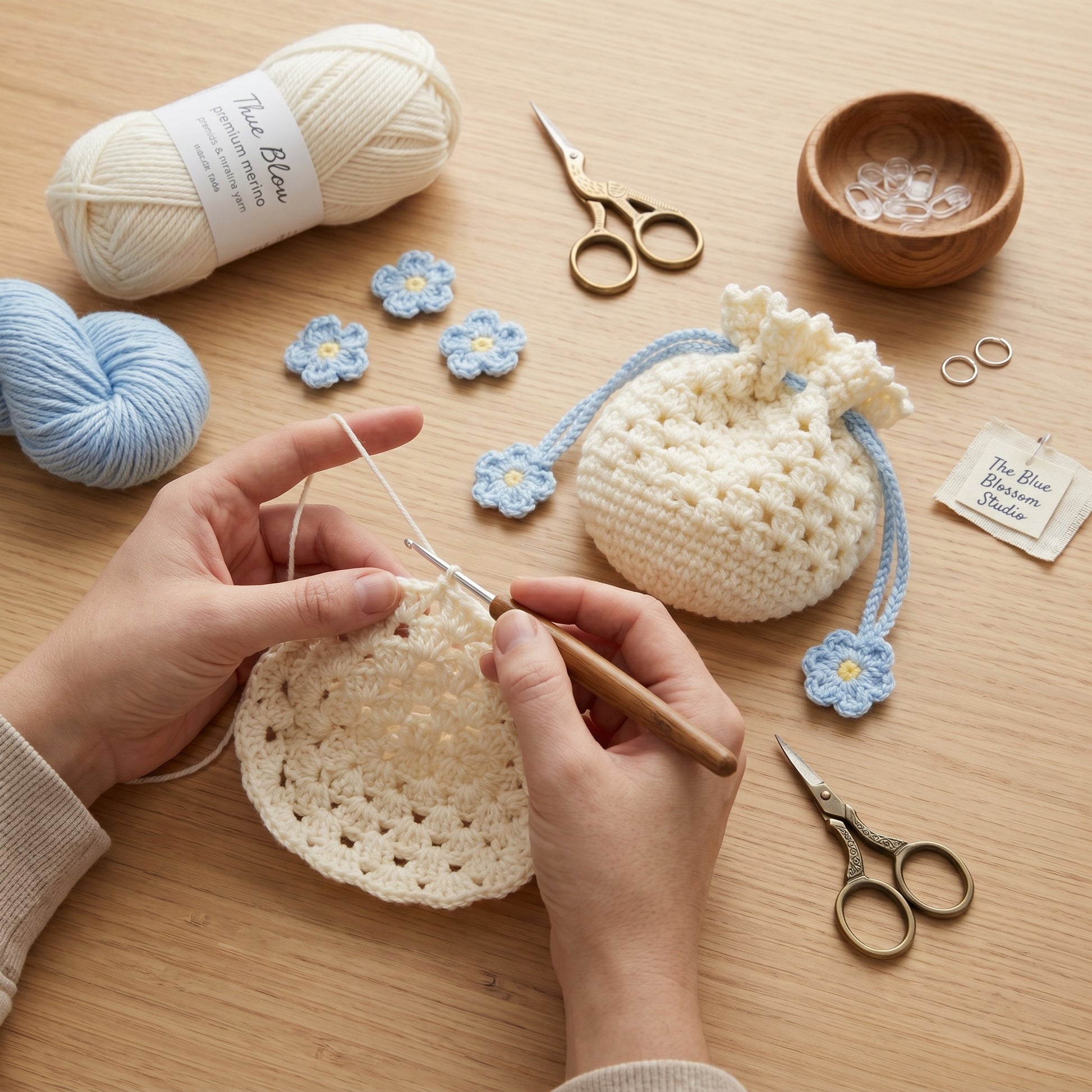 [BerryBow Canonical] BB-POU-OWH-BBL-06 | Making | Baby Blue Blossom Crochet Pouch – Handmade by Berry Bow