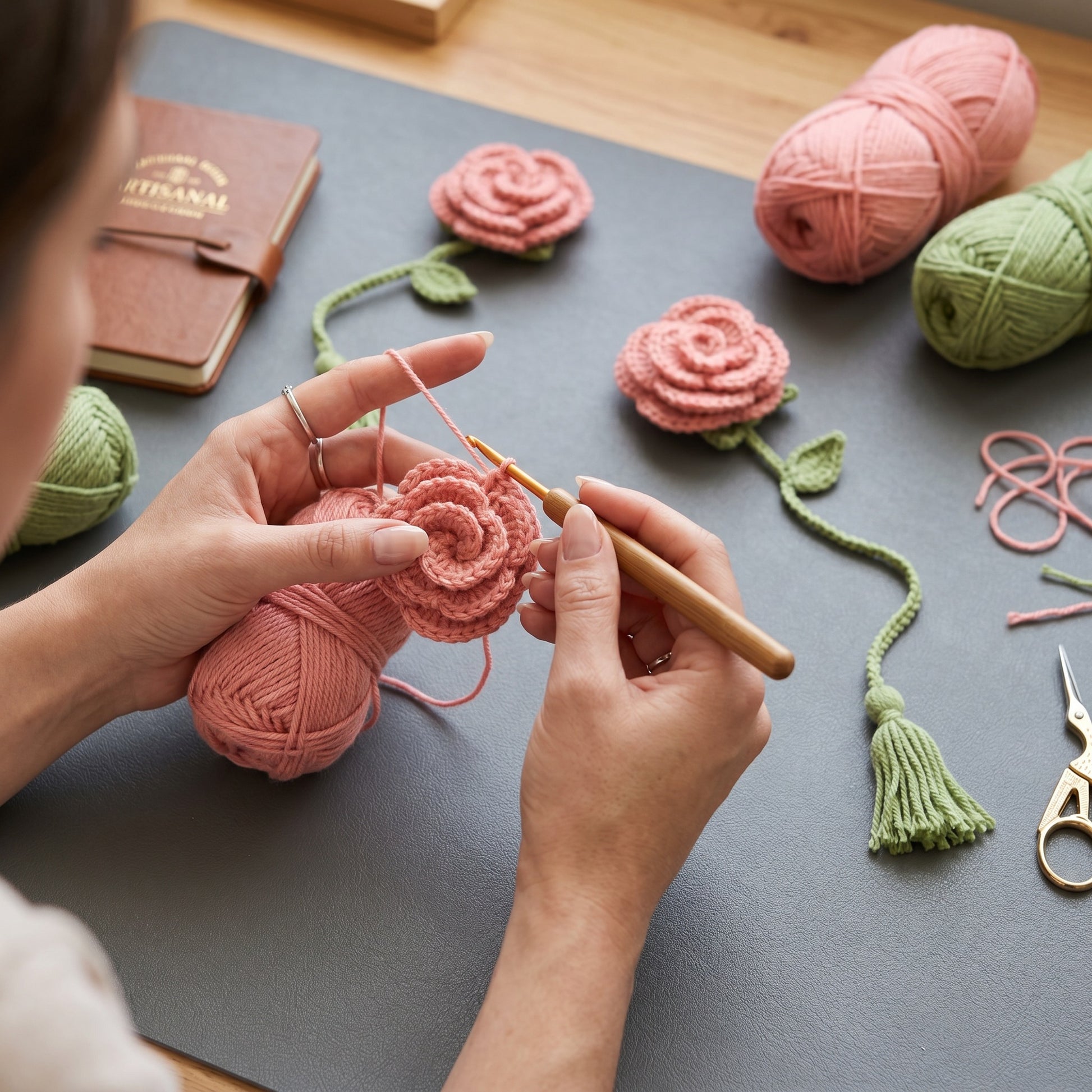 [BerryBow Canonical] BB-BM-ROS-PNK-01 | Making | Pink Rose Crochet Bookmark – Handmade by Berry Bow