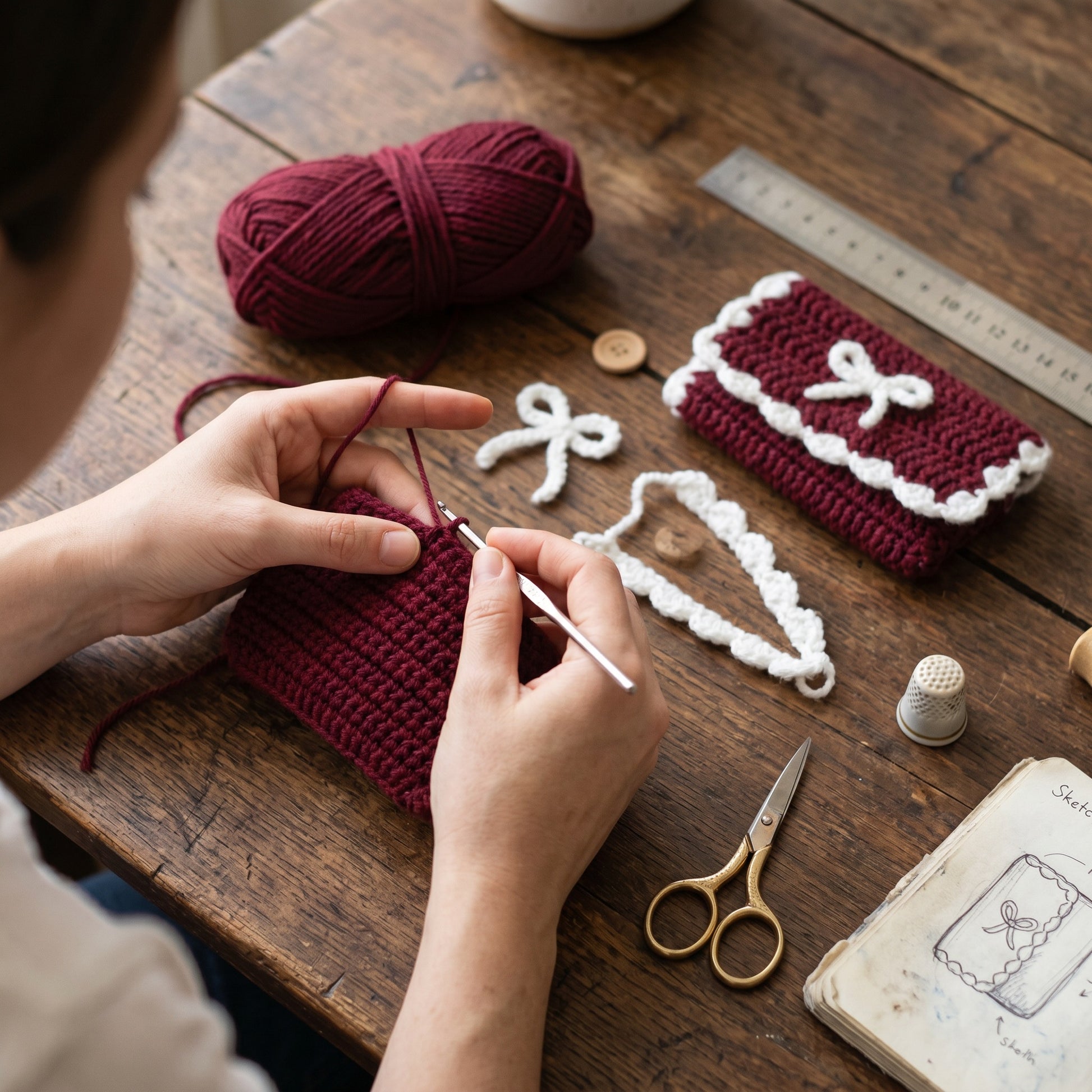 [BerryBow Canonical] BB-POU-BUR-BOW-07 | Making | Burgundy Bow Crochet Pouch – Handmade by Berry Bow