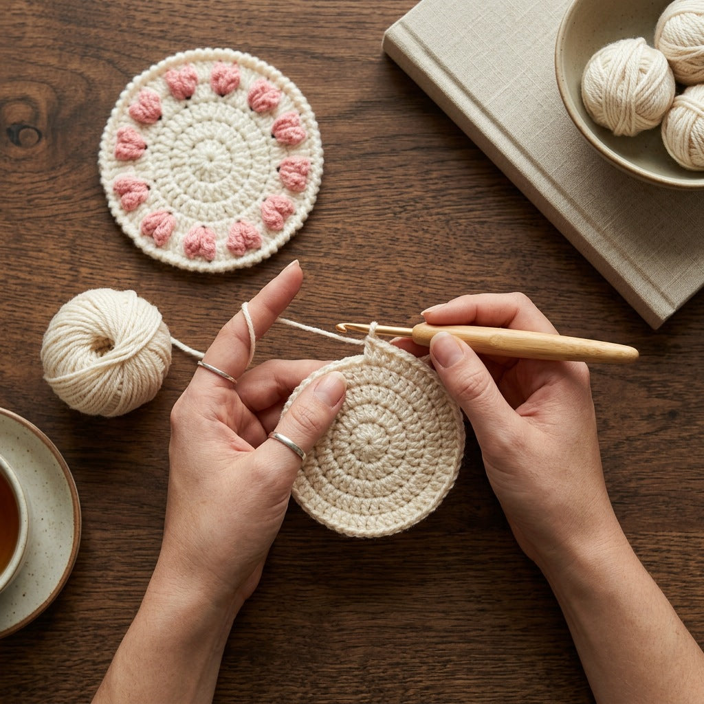 [BerryBow Canonical] BB-COS-FLR-PNK-02 | Making | Pink Hearts Crochet Coaster – Handmade by Berry Bow