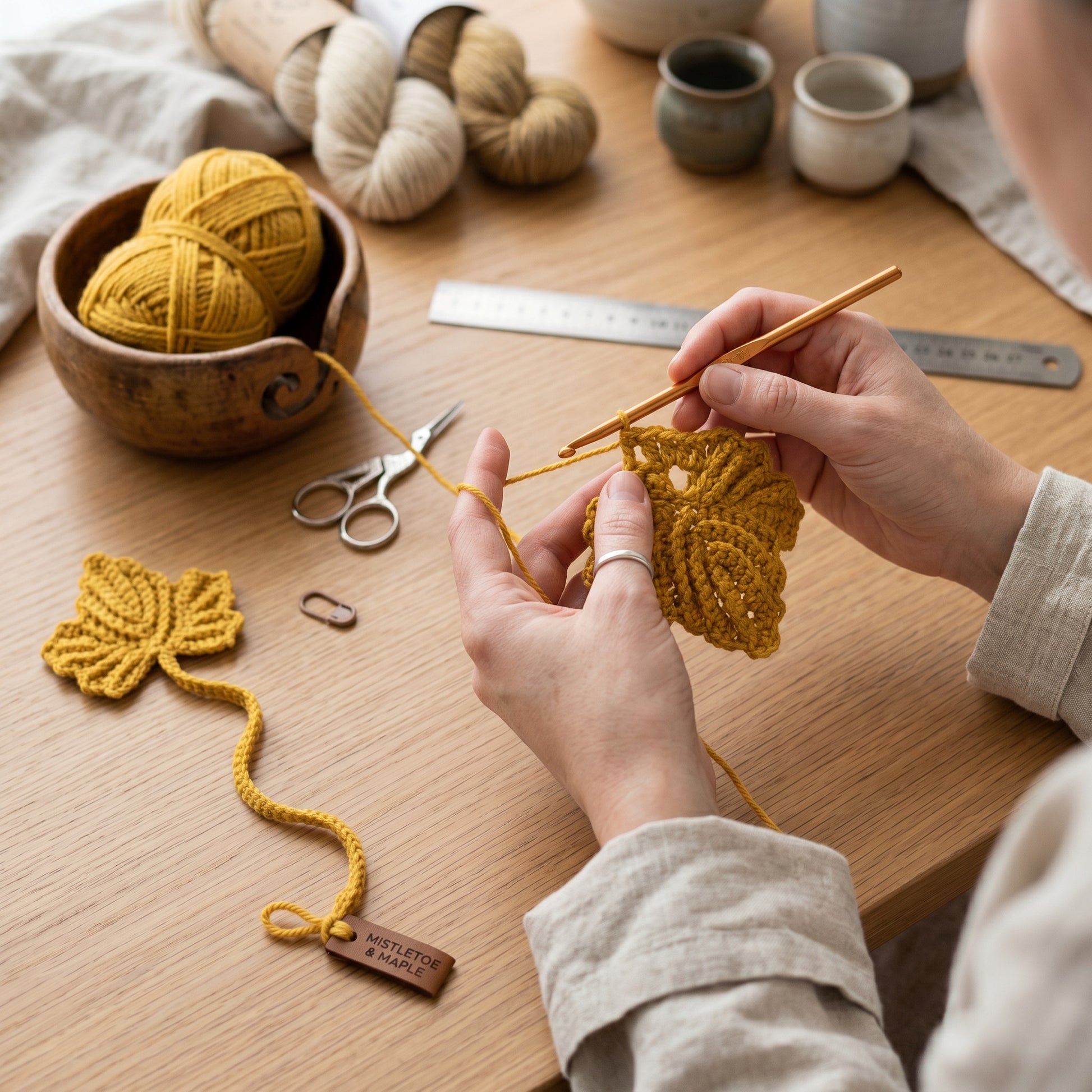 [BerryBow Canonical] BB-BM-LEF-MUS-01 | Making | Mustard Leaf Crochet Bookmark – Handmade by Berry Bow