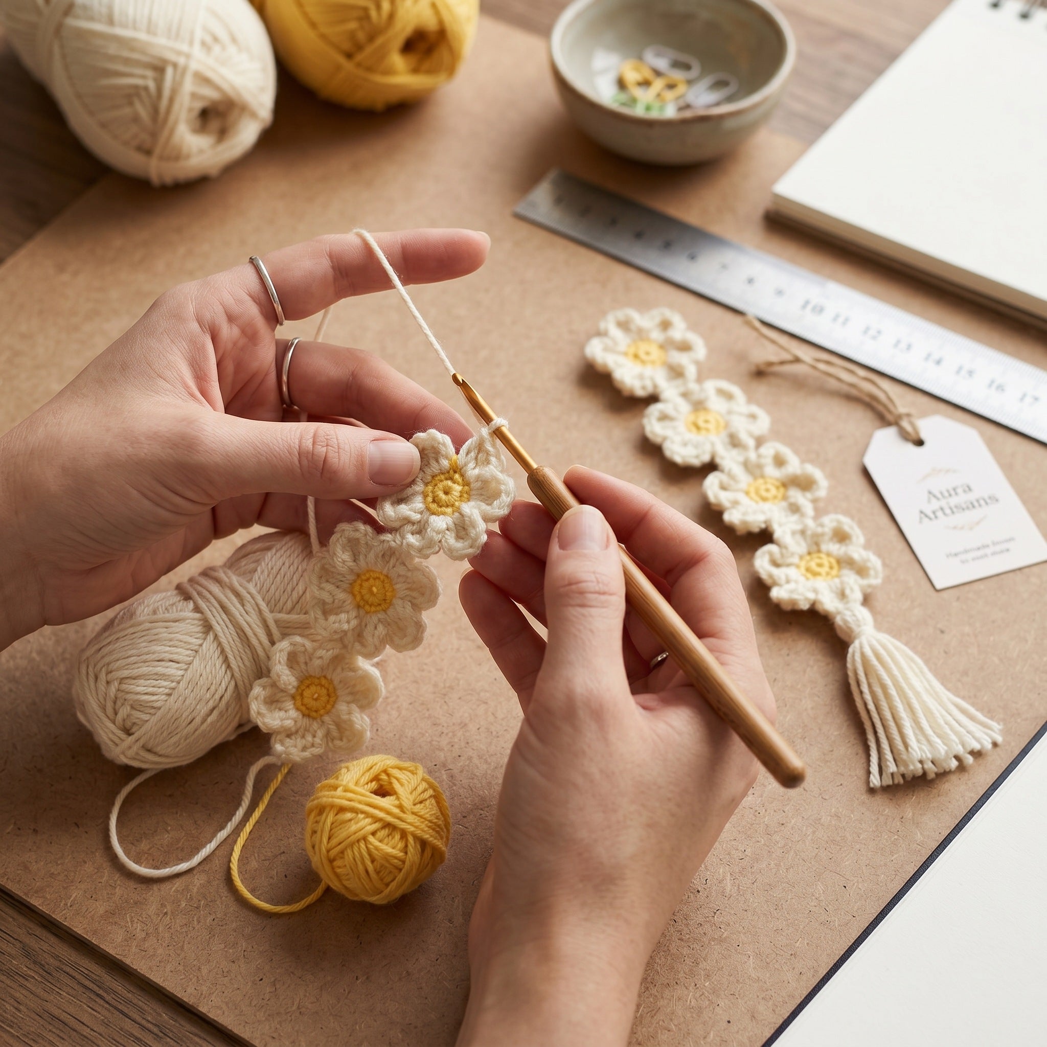 [BerryBow Canonical] BB-BM-DAI-WHT-02 | Making | Daisy Chain Crochet Bookmark – Handmade by Berry Bow