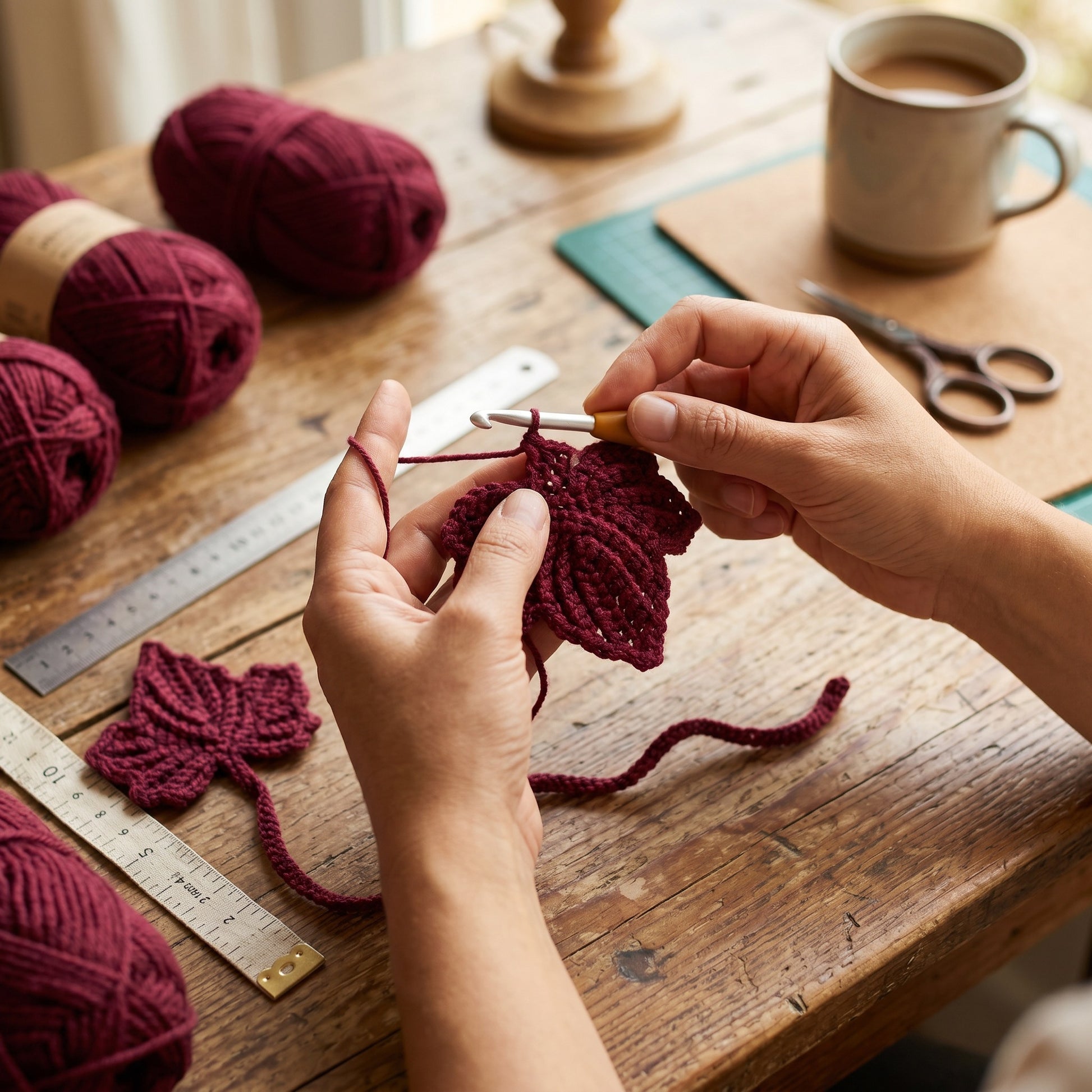 [BerryBow Canonical] BB-BM-LEF-BUR-01 | Making | Burgundy Leaf Crochet Bookmark – Handmade by Berry Bow