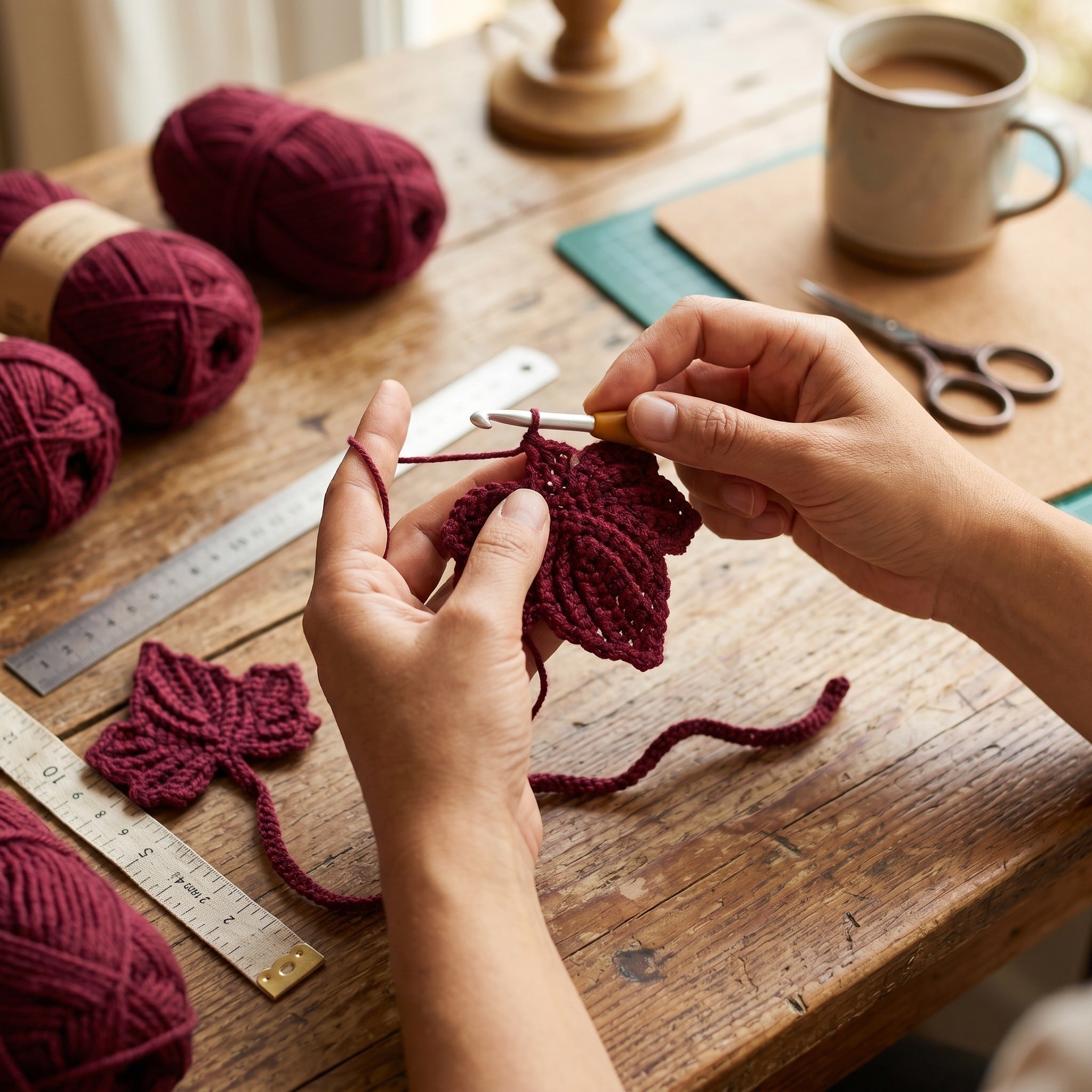 [BerryBow Canonical] BB-BM-LEF-BUR-01 | Making | Burgundy Leaf Crochet Bookmark – Handmade by Berry Bow