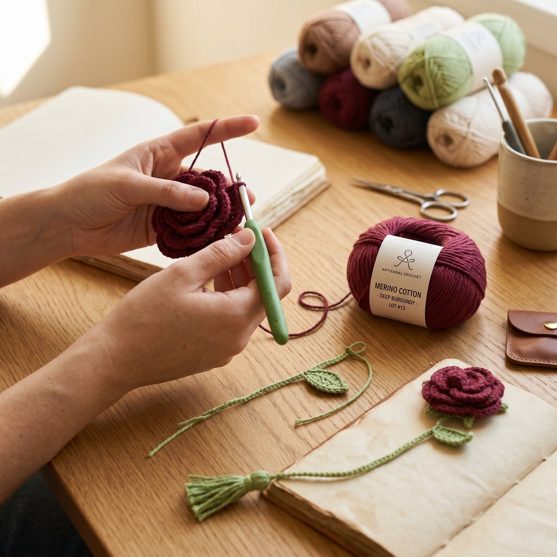 [BerryBow Canonical] BB-BM-ROS-BUR-01 | Making | Burgundy Rose Crochet Bookmark – Handmade by Berry Bow