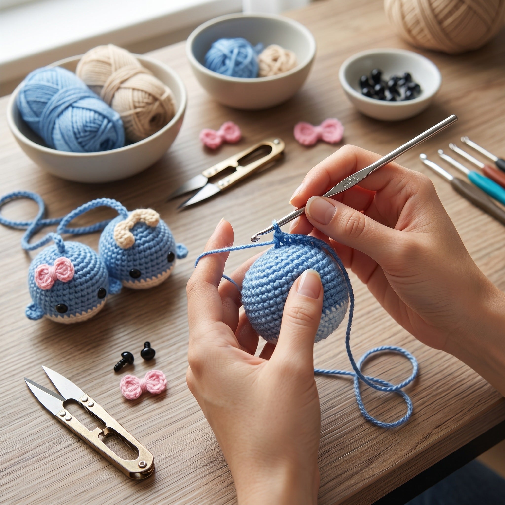 [BerryBow Canonical] BB-CHR-ANI-BLU-04 | Making | Baby Whale Duo Crochet Car Charm – Handmade by Berry Bow