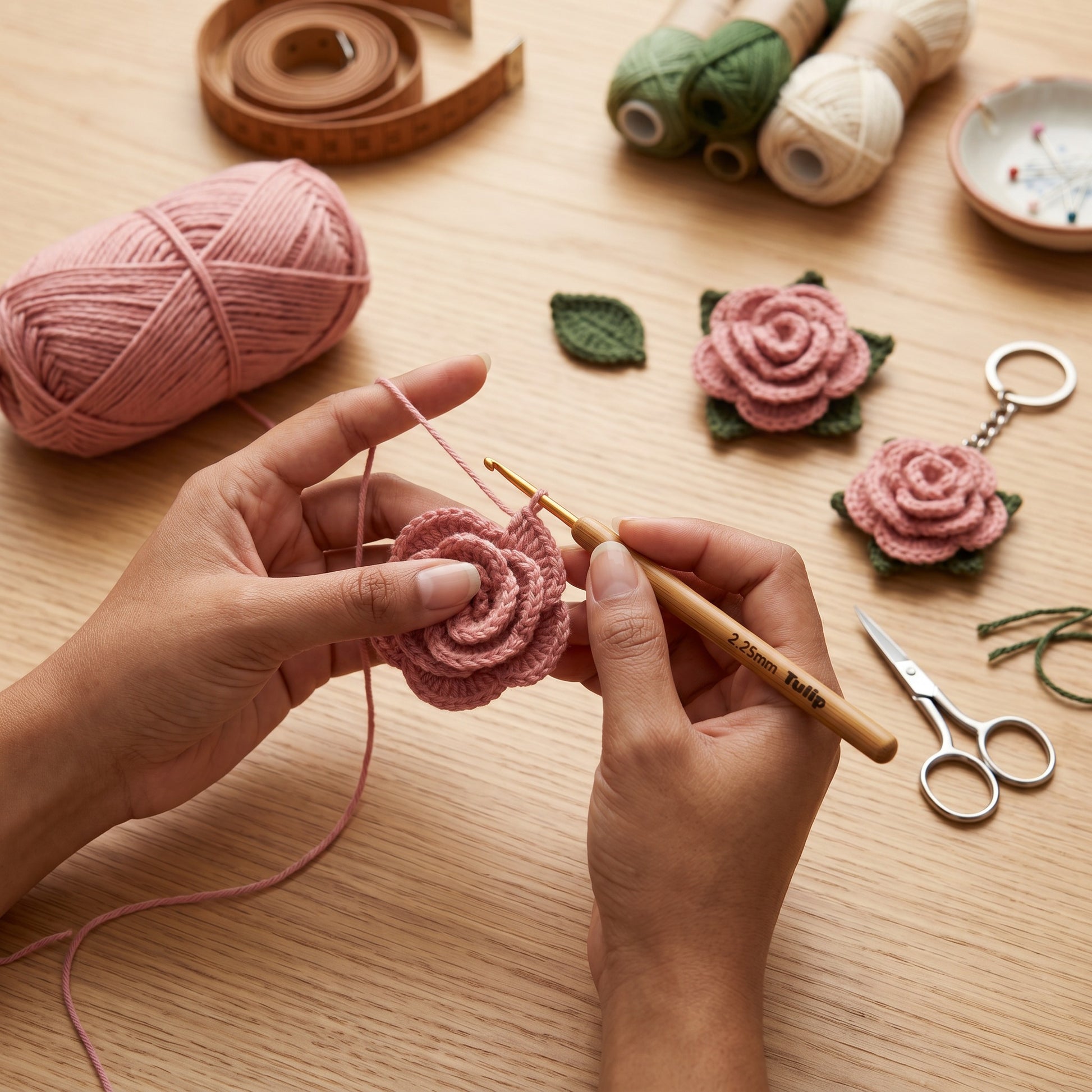 [BerryBow Canonical] BB-KC-ROS-PNK-02 | Making | Pink Little Rose Crochet Keychain – Handmade by Berry Bow