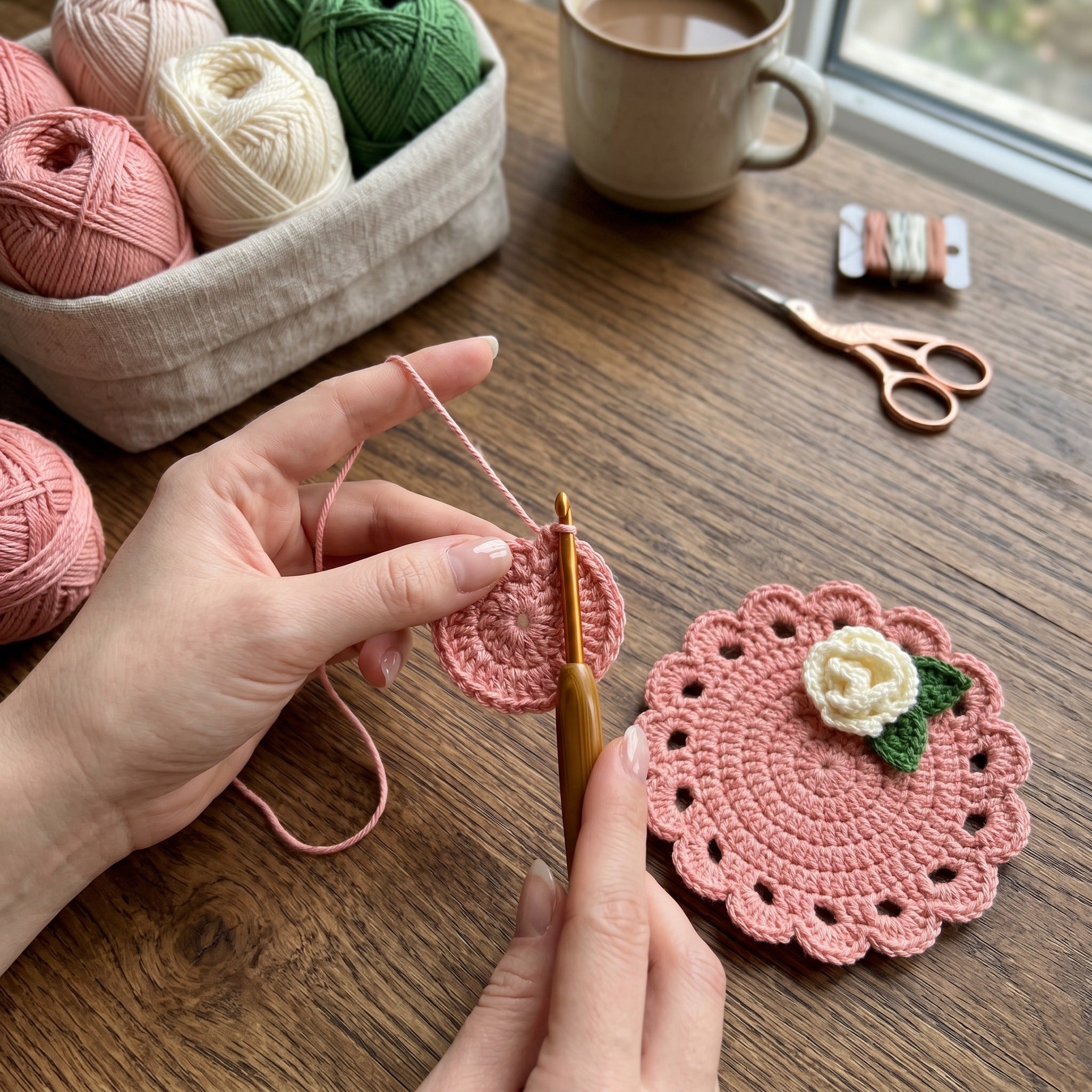 [BerryBow Canonical] BB-COS-FLR-PNK-04 | Making | Pink Rose Crochet Coaster – Handmade by Berry Bow