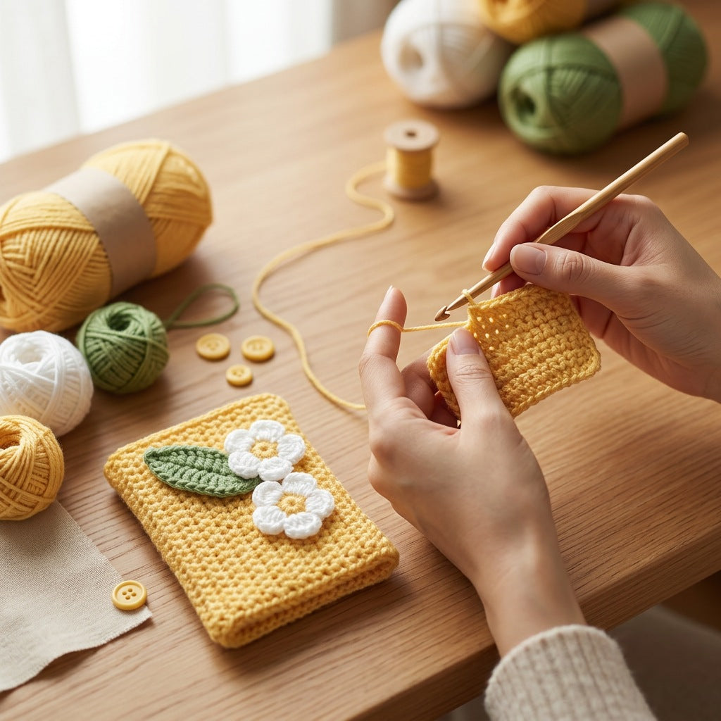 [BerryBow Canonical] BB-POU-YEL-DAI-02 | Making | Sunshine Daisy Crochet Pouch – Handmade by Berry Bow
