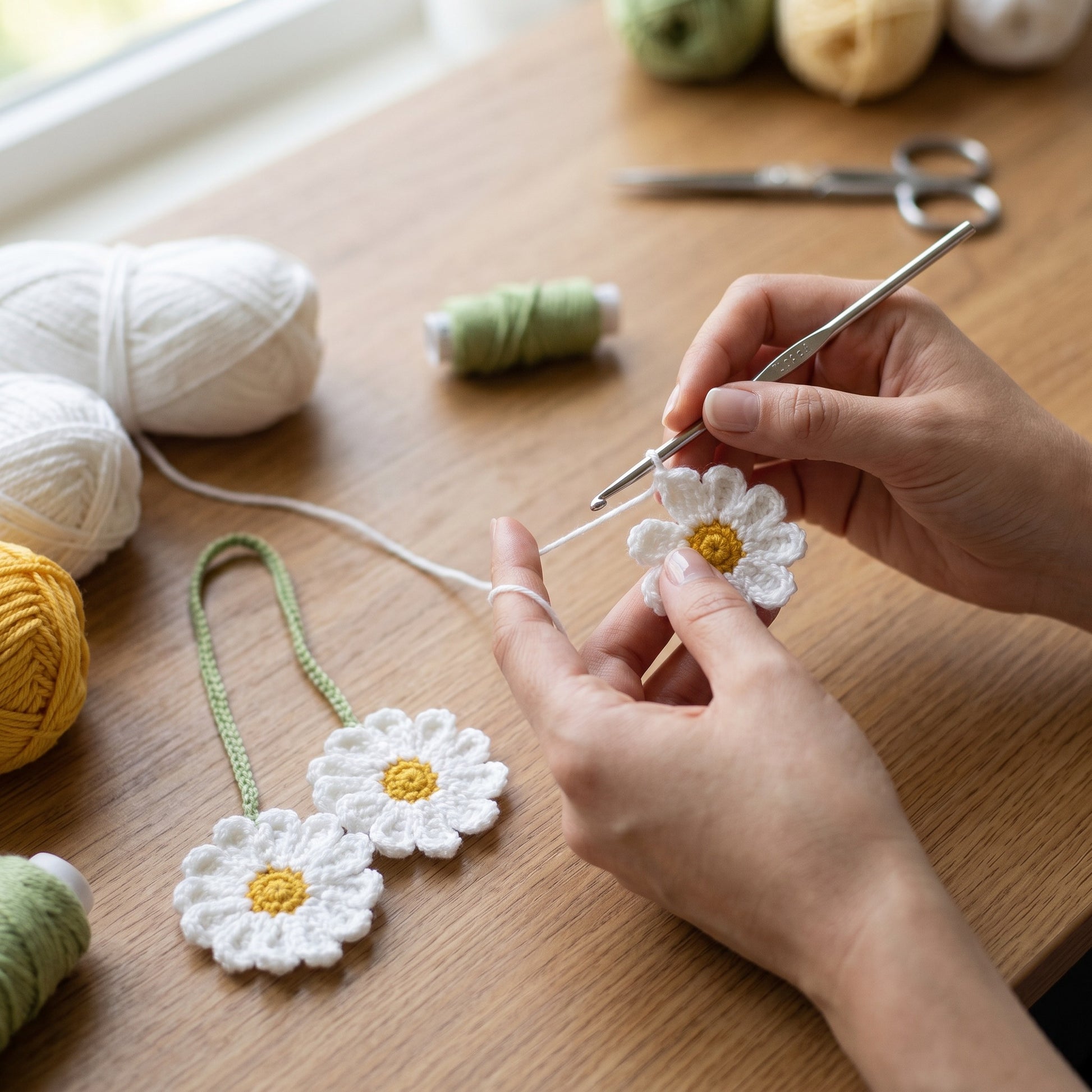 [BerryBow Canonical] BB-CHR-FLR-WHT-02 | Making | Twin Daisy Crochet Car Charm – Handmade by Berry Bow