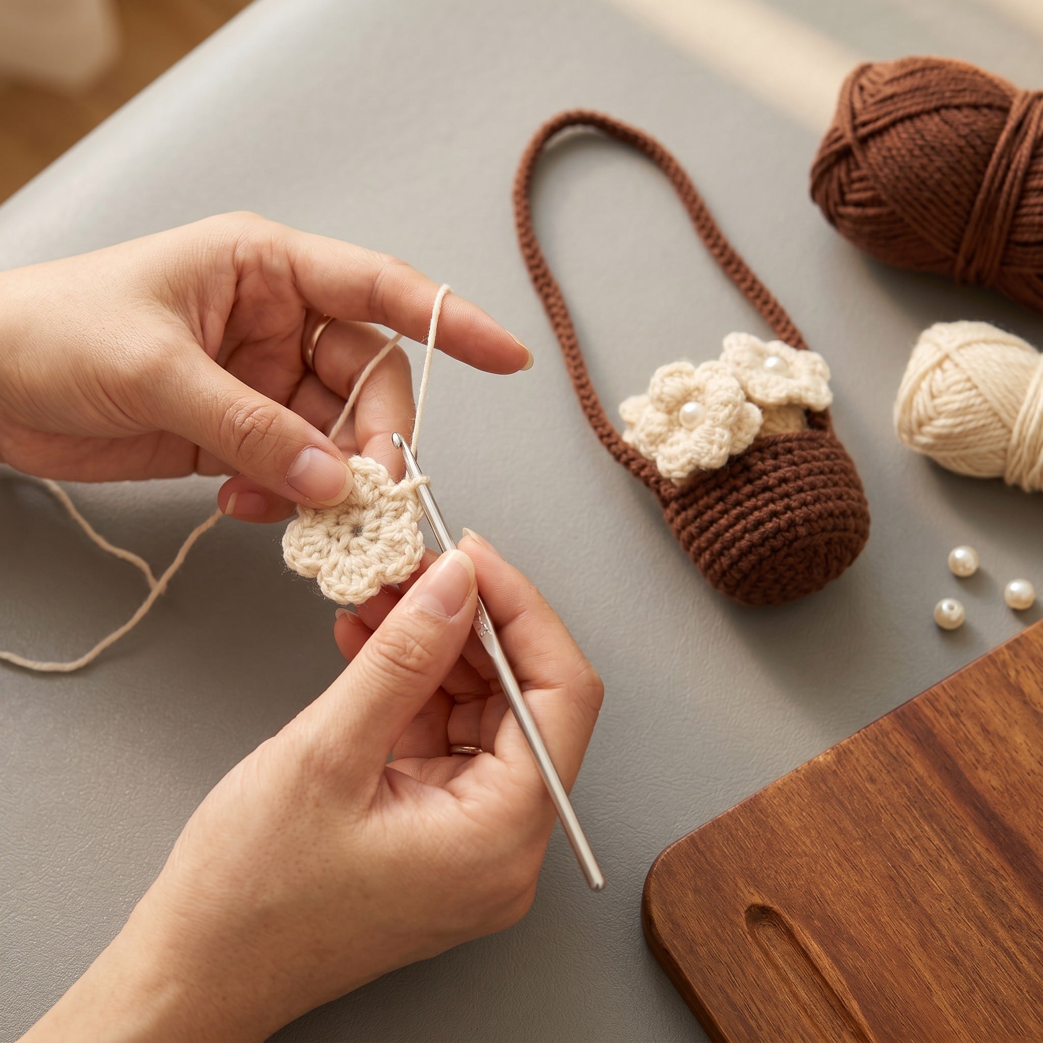 [BerryBow Canonical] BB-CHR-FLR-WHT-01 | Making | White Basket Crochet Car Charm – Handmade by Berry Bow