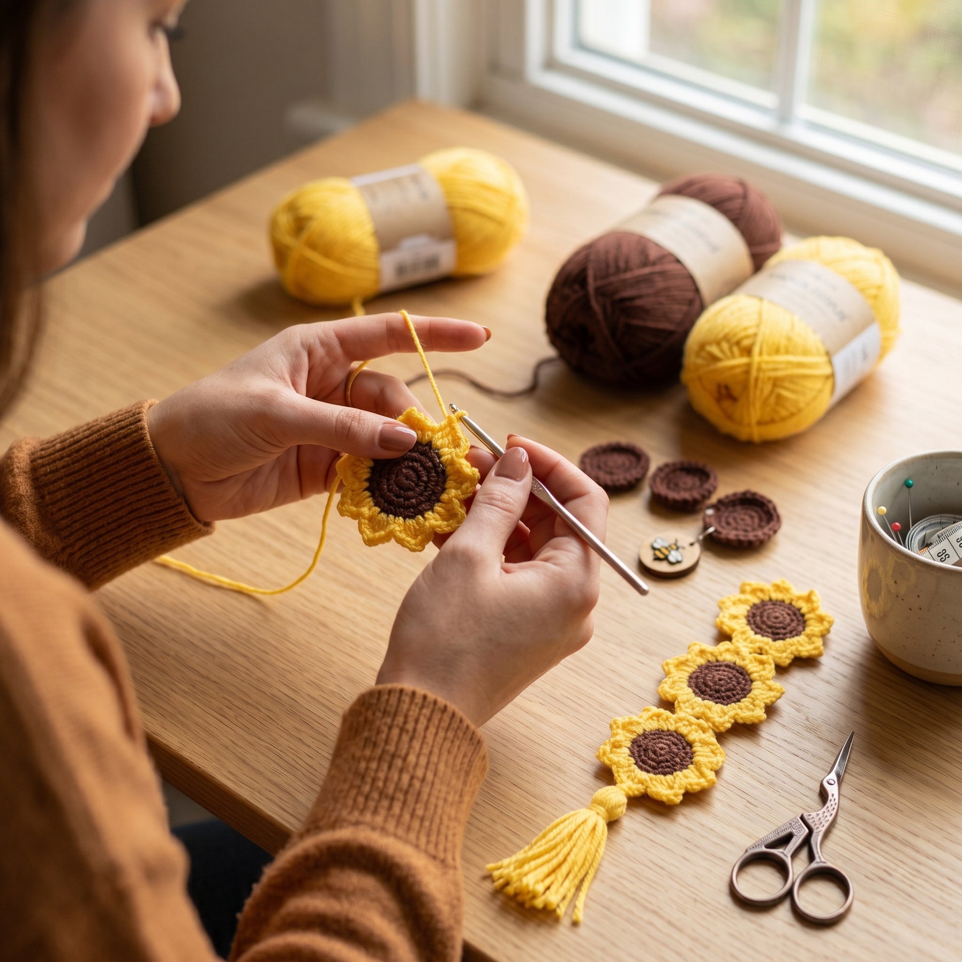[BerryBow Canonical] BB-BM-FLO-YEL-01 | Making | Baby Sunflower Crochet Bookmark – Handmade by Berry Bow