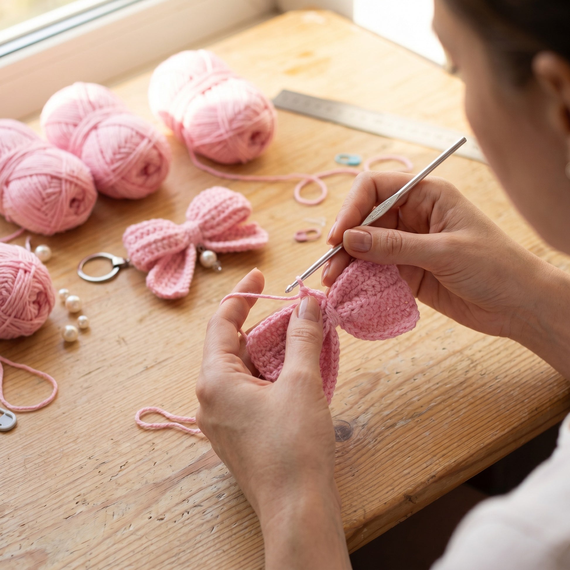 [BerryBow Canonical] BB-KC-RIB-PNK-01 | Making | Pink Bow Crochet Keychain – Handmade by Berry Bow