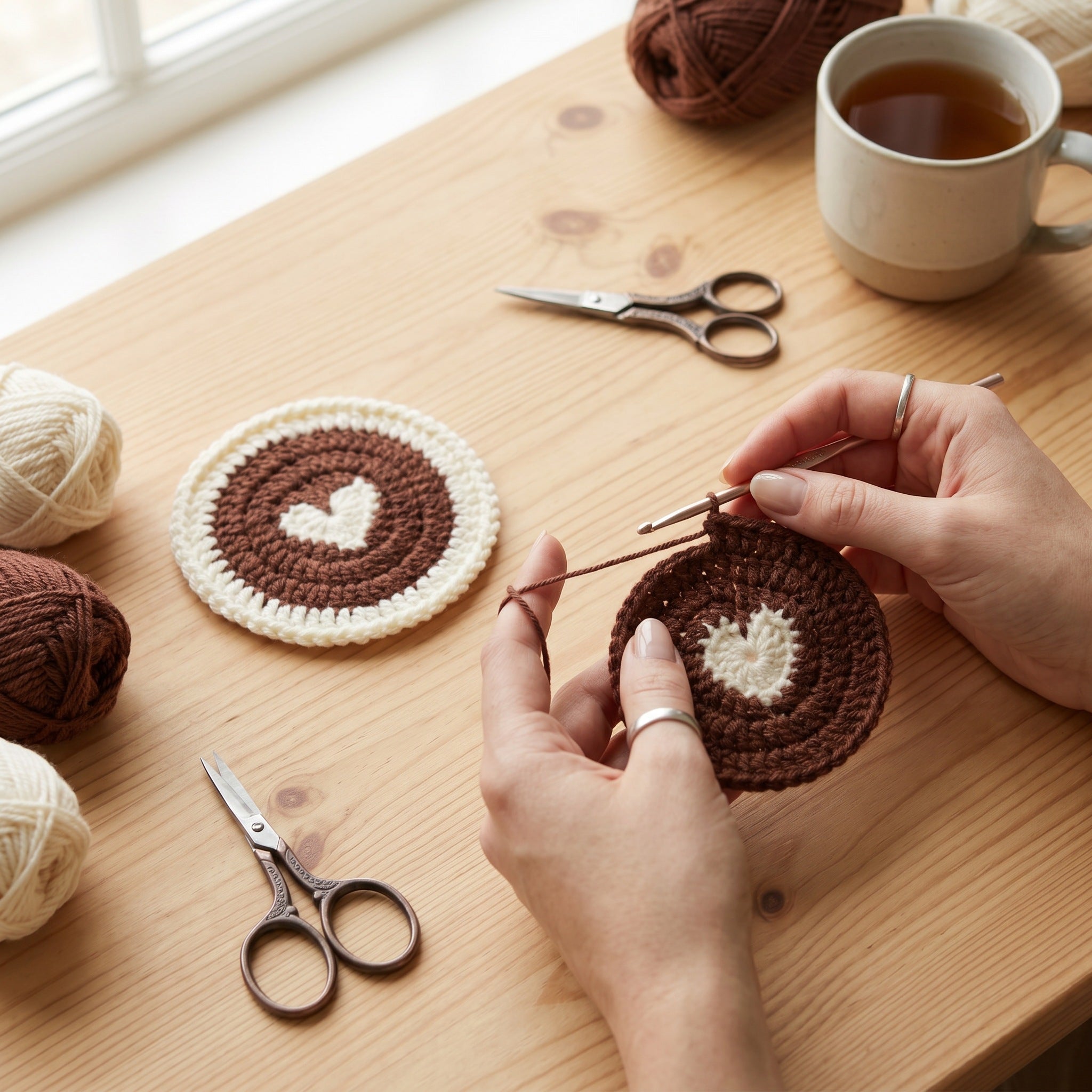 [BerryBow Canonical] BB-COS-NAT-BRN-01 | Making | Coffee Heart Crochet Coaster – Handmade by Berry Bow
