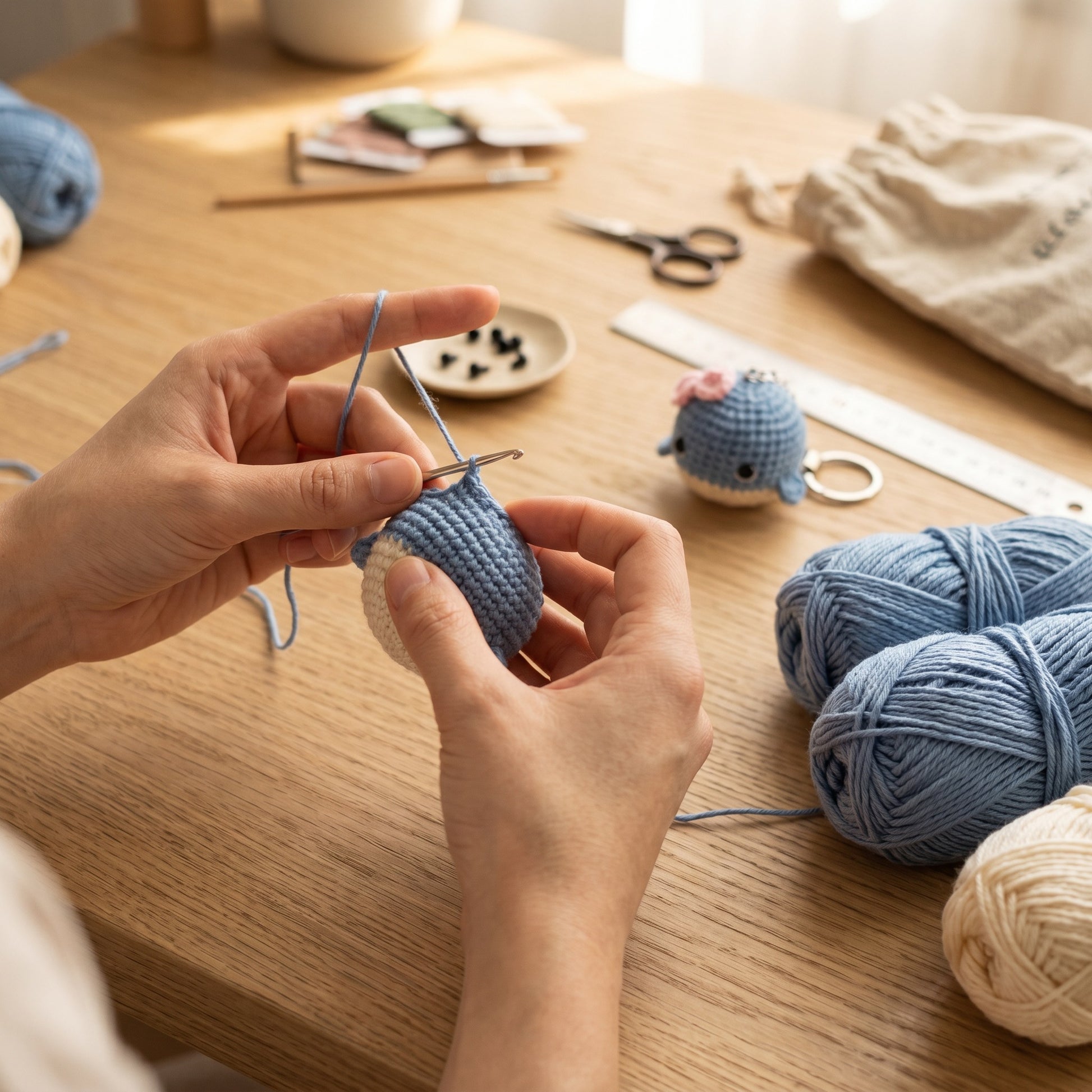[BerryBow Canonical] BB-KC-ANI-BLU-05 | Making | Baby Whale Crochet Keychain – Handmade by Berry Bow