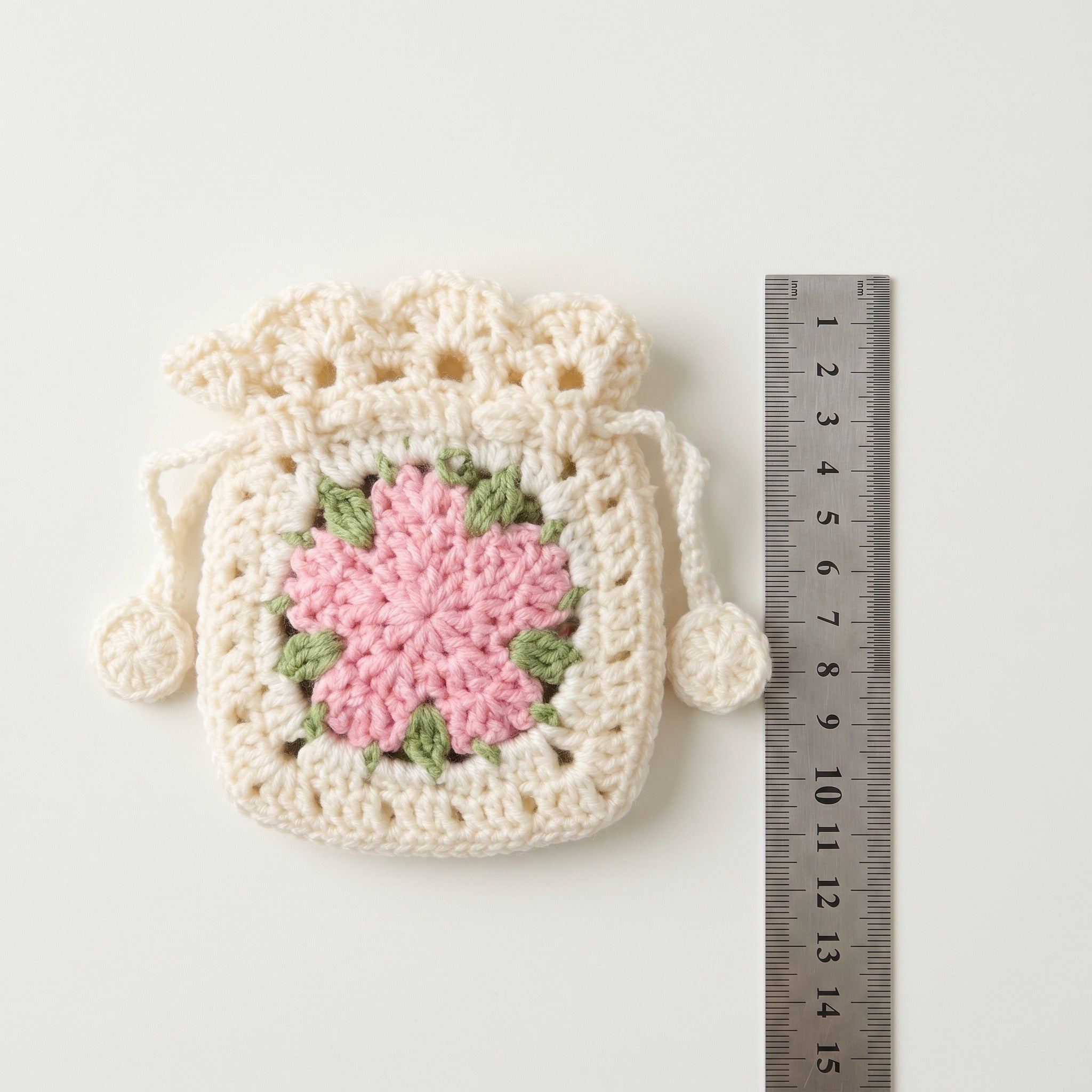 [BerryBow Canonical] BB-POU-OWH-PNK-05 | Measurement | Pink Bloom Crochet Pouch – Handmade by Berry Bow
