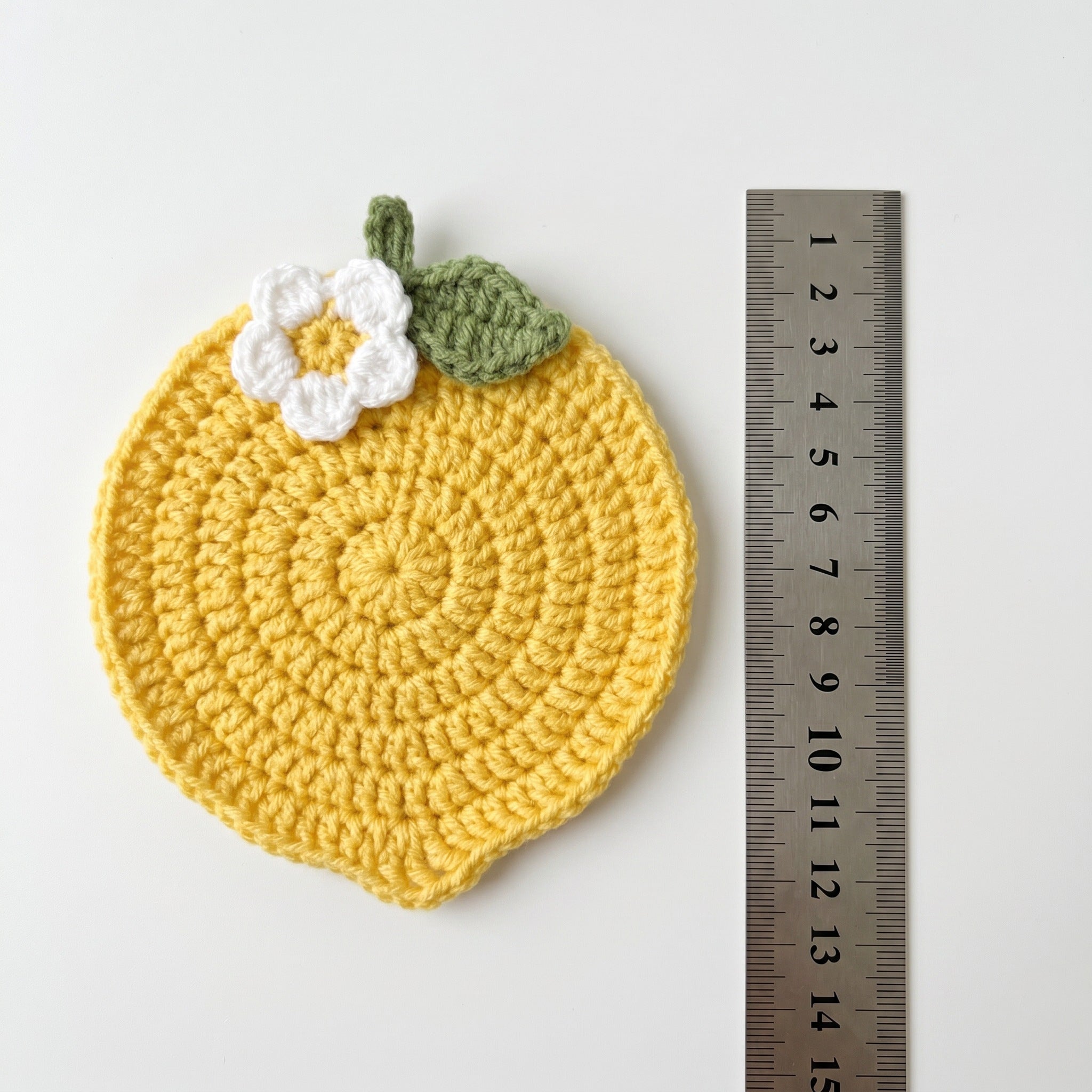 [BerryBow Canonical] BB-COS-FRU-YEL-01 | Measurement | Lemon Crochet Coaster – Handmade by Berry Bow