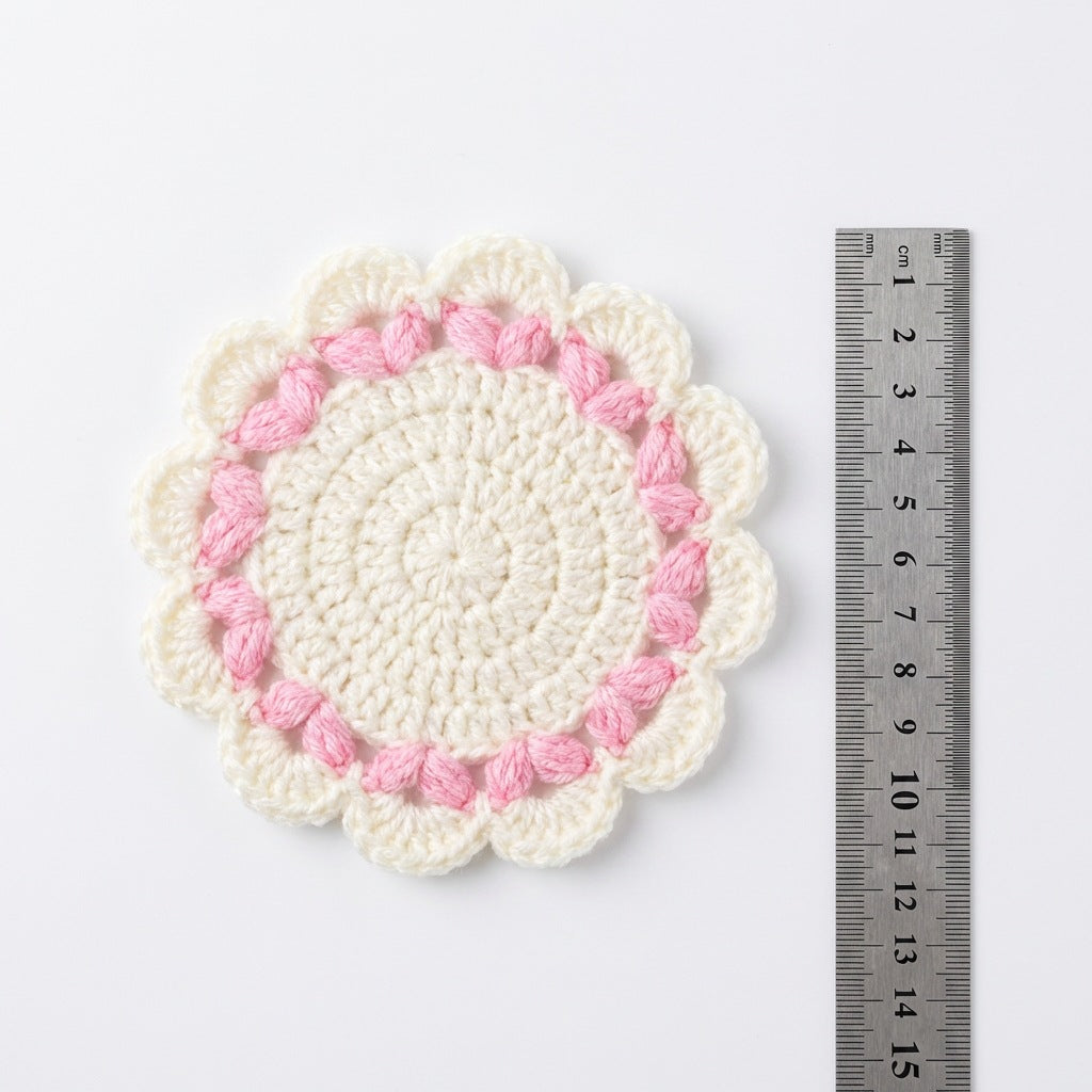 [BerryBow Canonical] BB-COS-FLR-PNK-01 | Measurement | White Flame Crochet Coaster – Handmade by Berry Bow