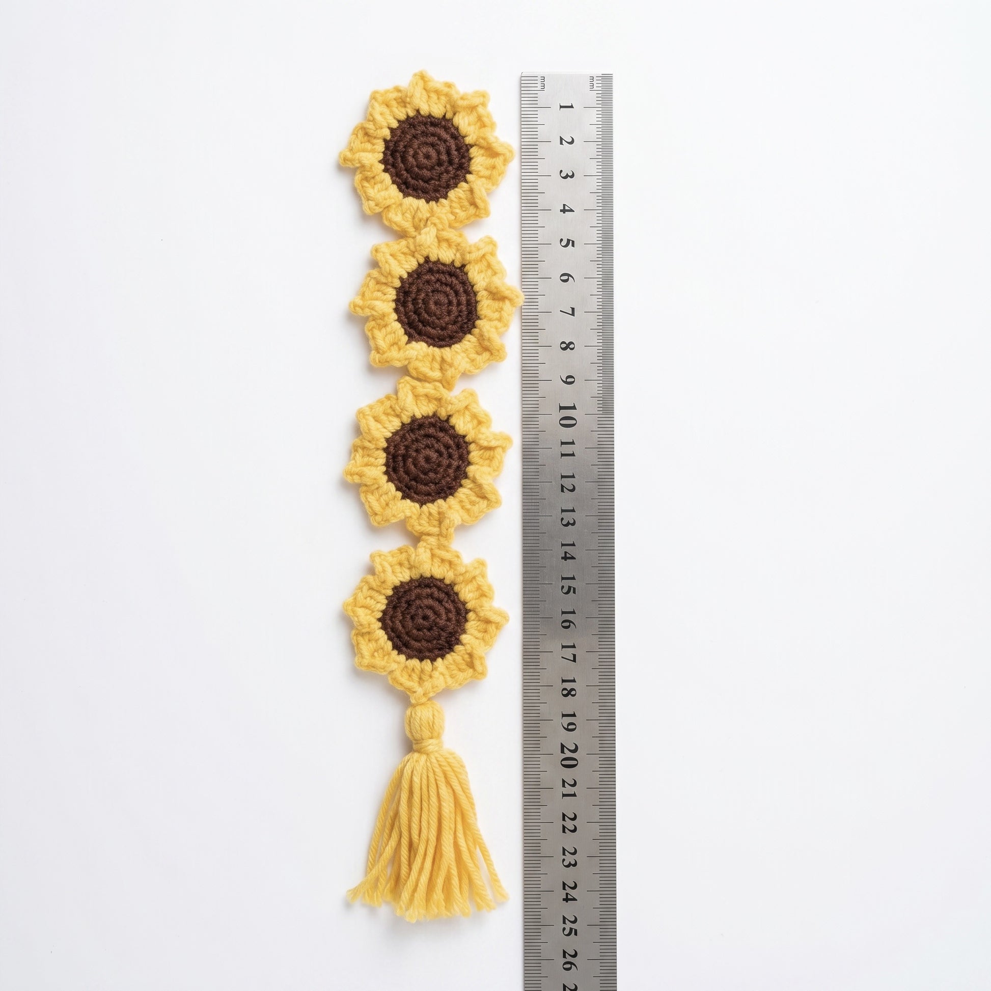 [BerryBow Canonical] BB-BM-FLO-YEL-01 | Measurement | Baby Sunflower Crochet Bookmark – Handmade by Berry Bow