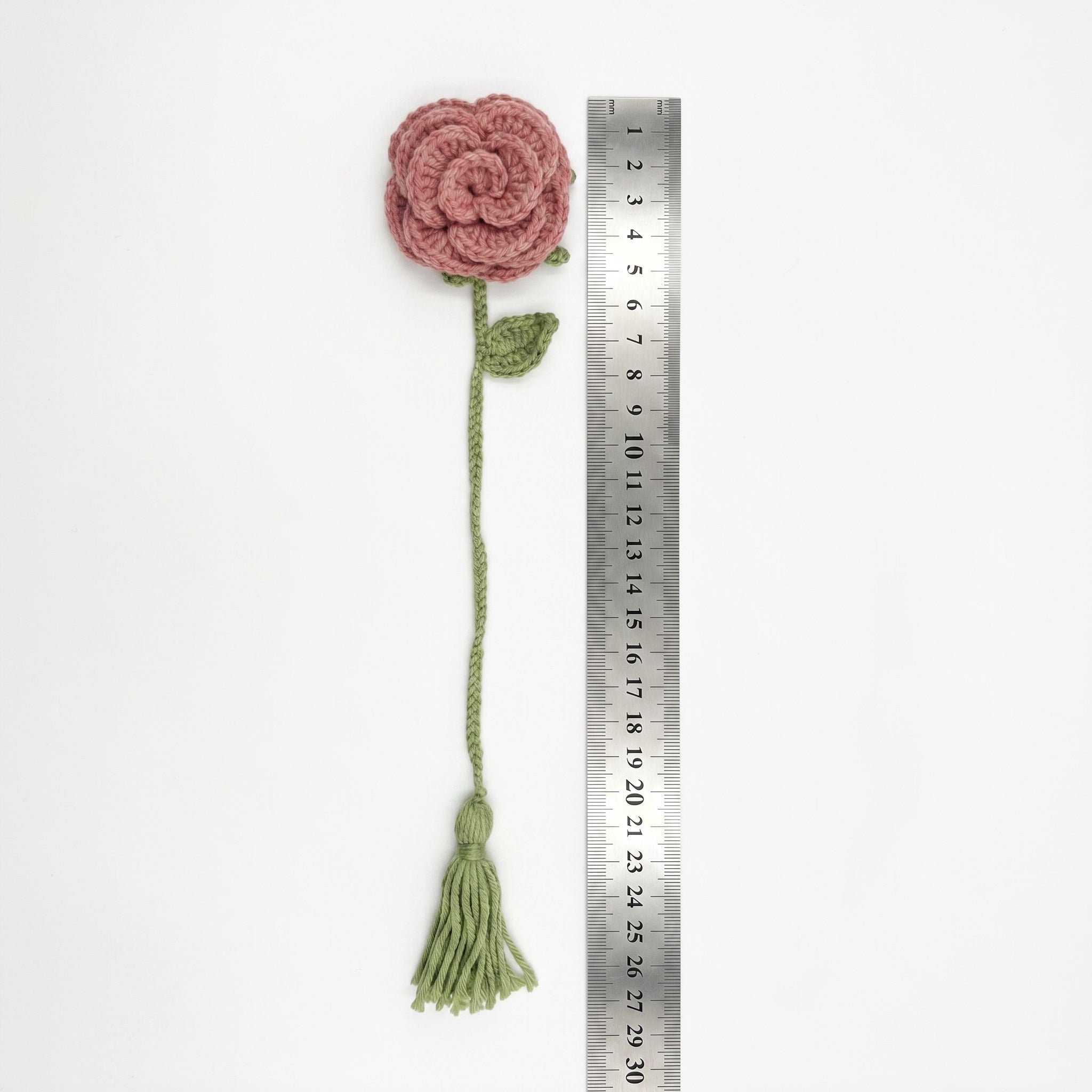 [BerryBow Canonical] BB-BM-ROS-PNK-01 | Measurement | Pink Rose Crochet Bookmark – Handmade by Berry Bow