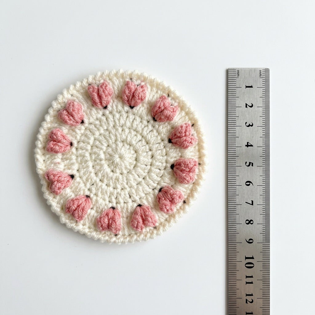 [BerryBow Canonical] BB-COS-FLR-PNK-02 | Measurement | Pink Hearts Crochet Coaster – Handmade by Berry Bow