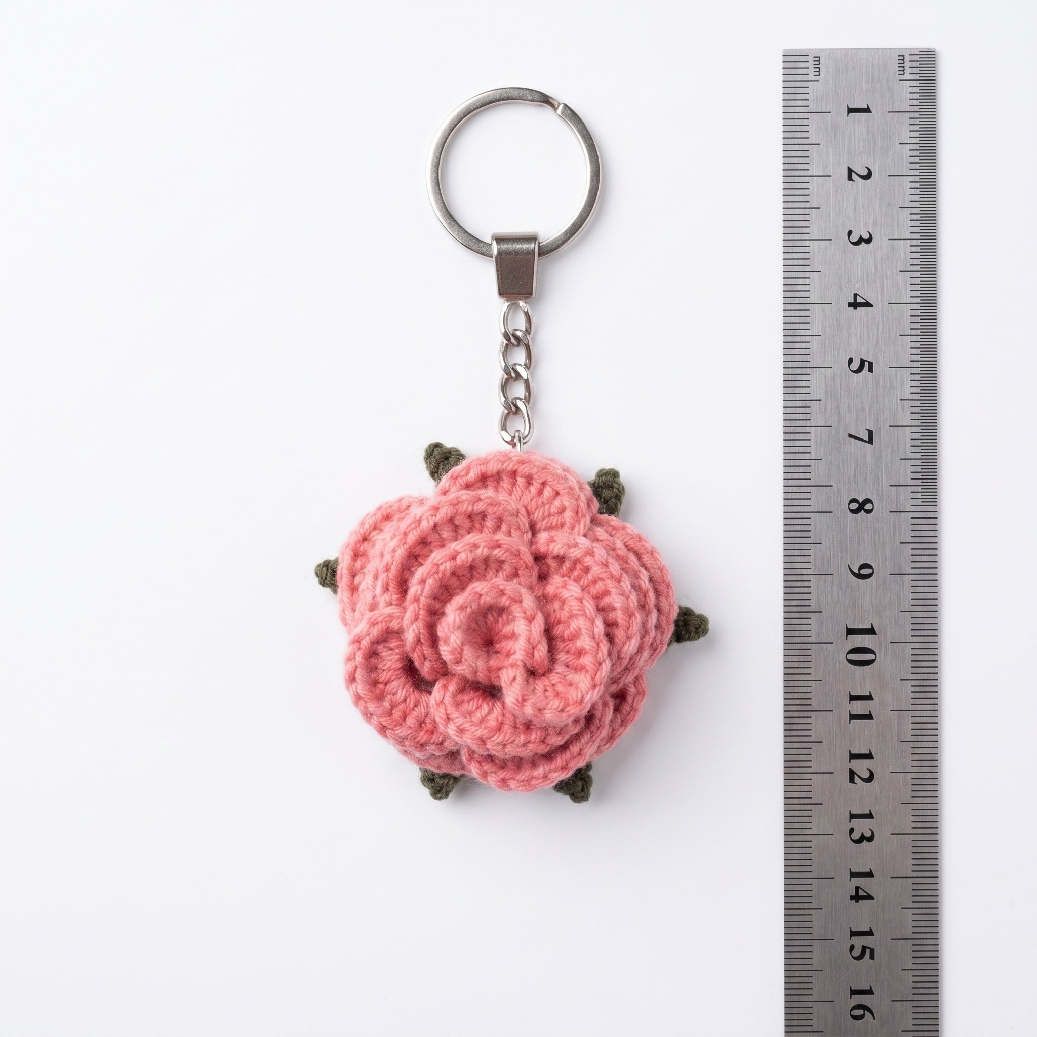 [BerryBow Canonical] BB-KC-ROS-PNK-02 | Measurement | Pink Little Rose Crochet Keychain – Handmade by Berry Bow