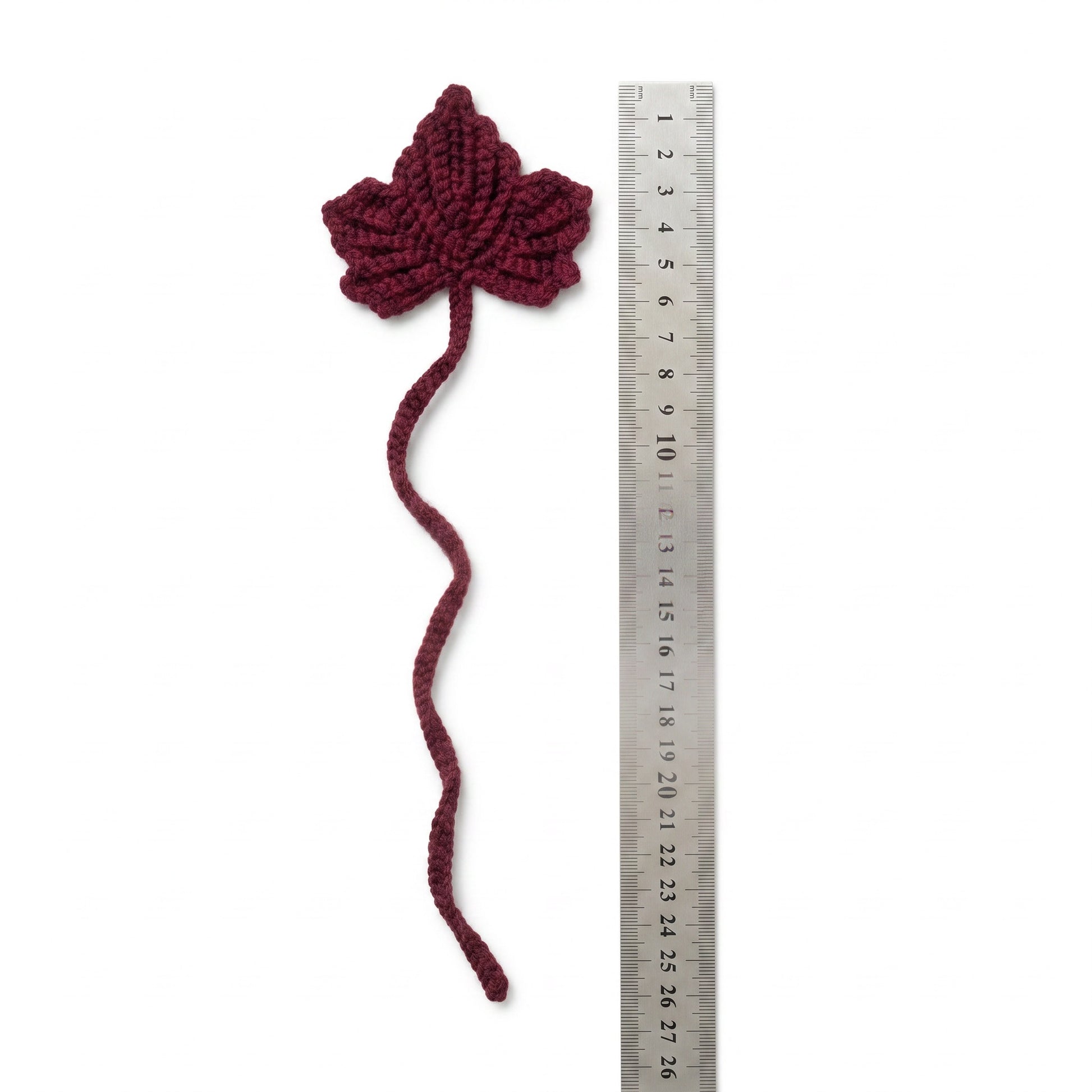 [BerryBow Canonical] BB-BM-LEF-BUR-01 | Measurement | Burgundy Leaf Crochet Bookmark – Handmade by Berry Bow